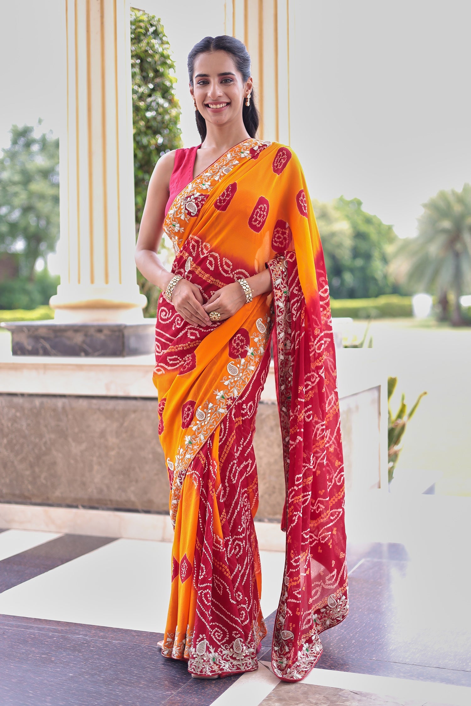 Bandhej Georgette Saree with Aari, Gota Patti and Thread work