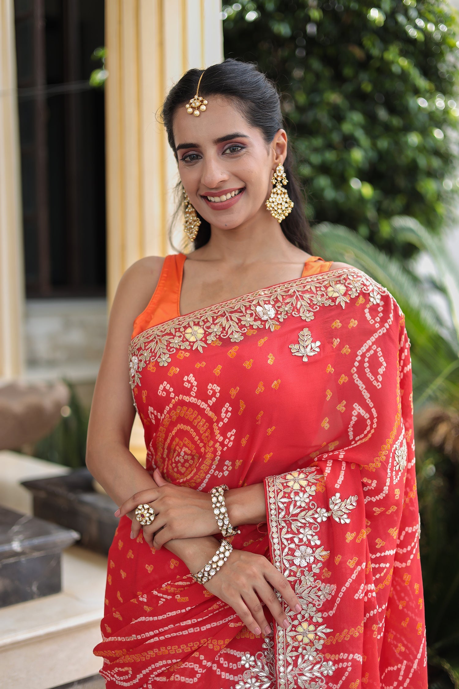 Bandhej Georgette Saree with Dori, Gota Patti and Thread work