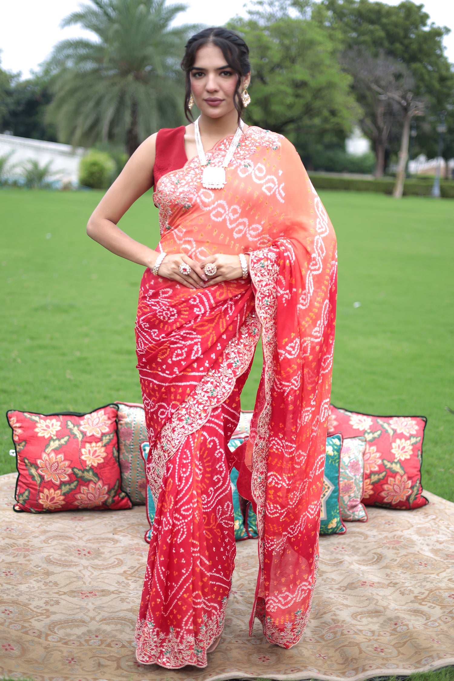Ombre dyed Bandhej Saree with Zardozi work