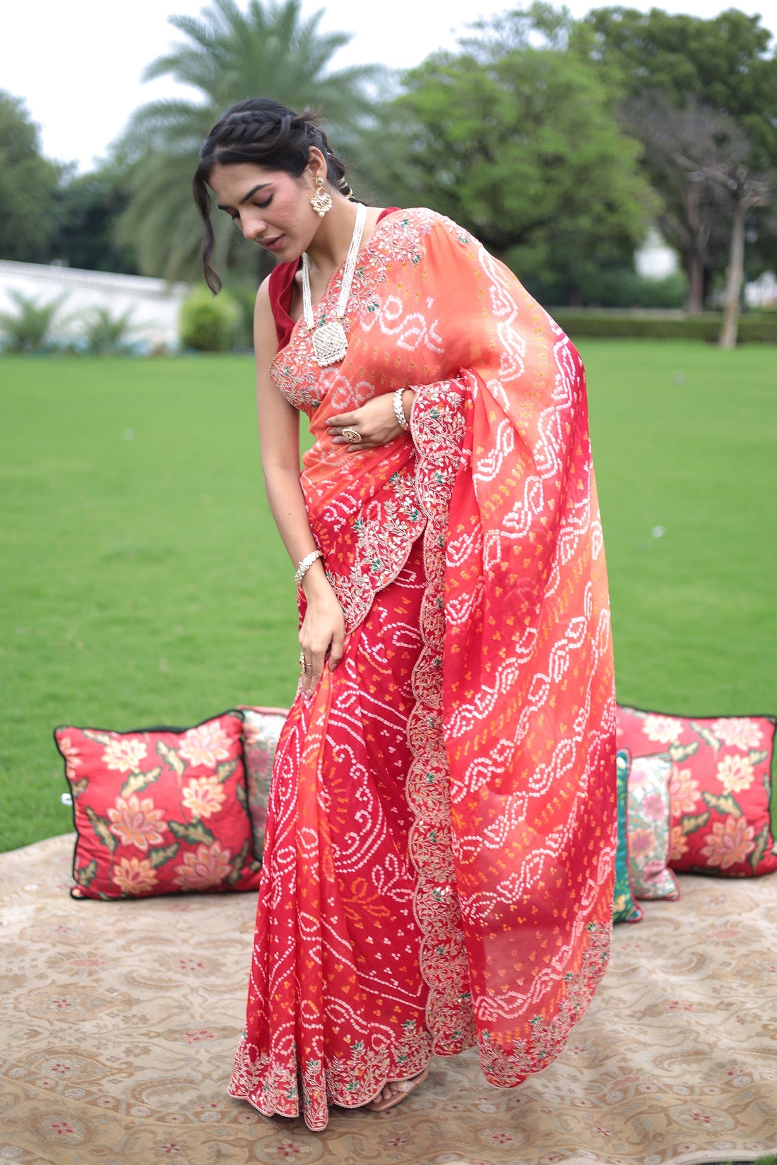 Ombre dyed Bandhej Saree with Zardozi work