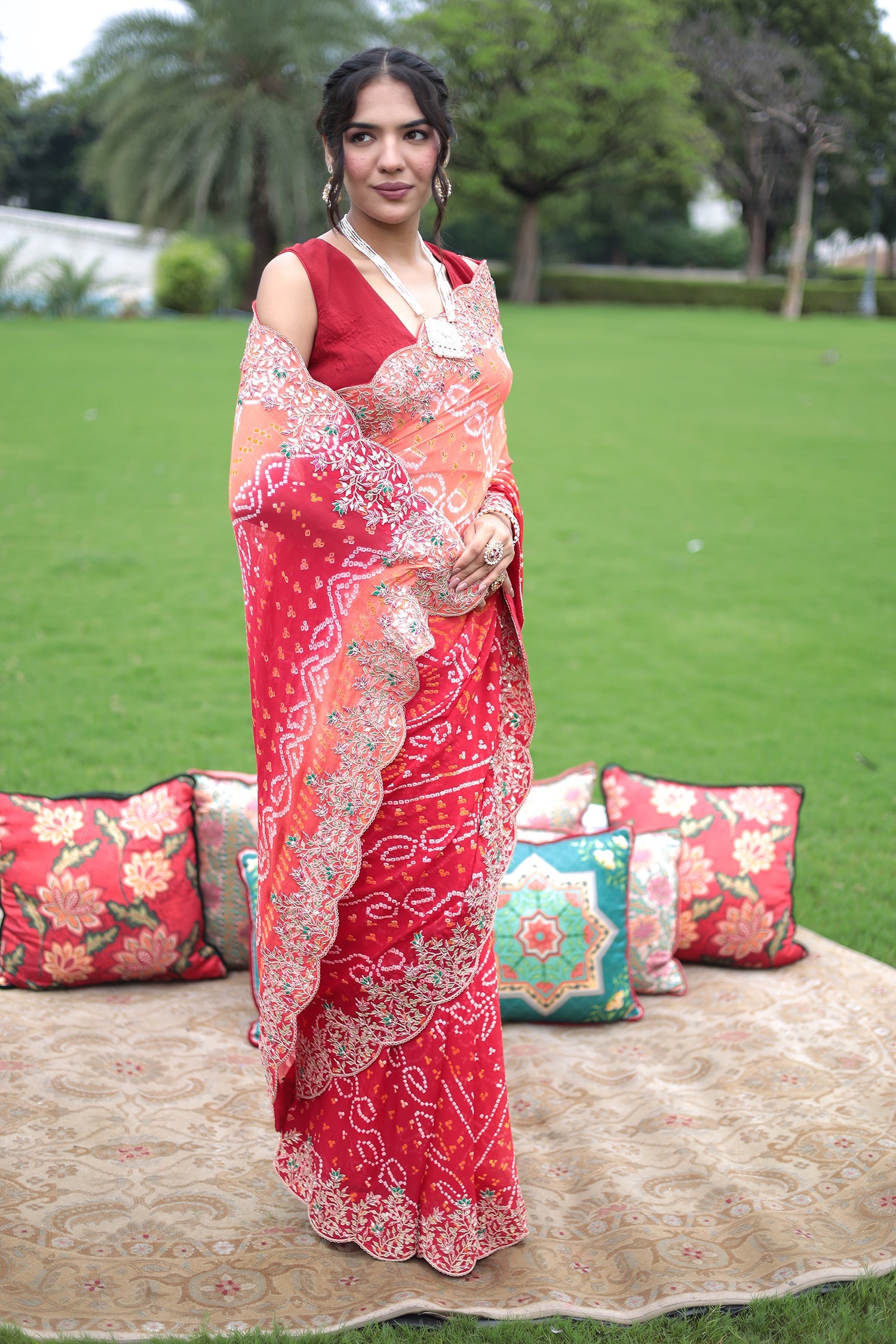 Ombre dyed Bandhej Saree with Zardozi work