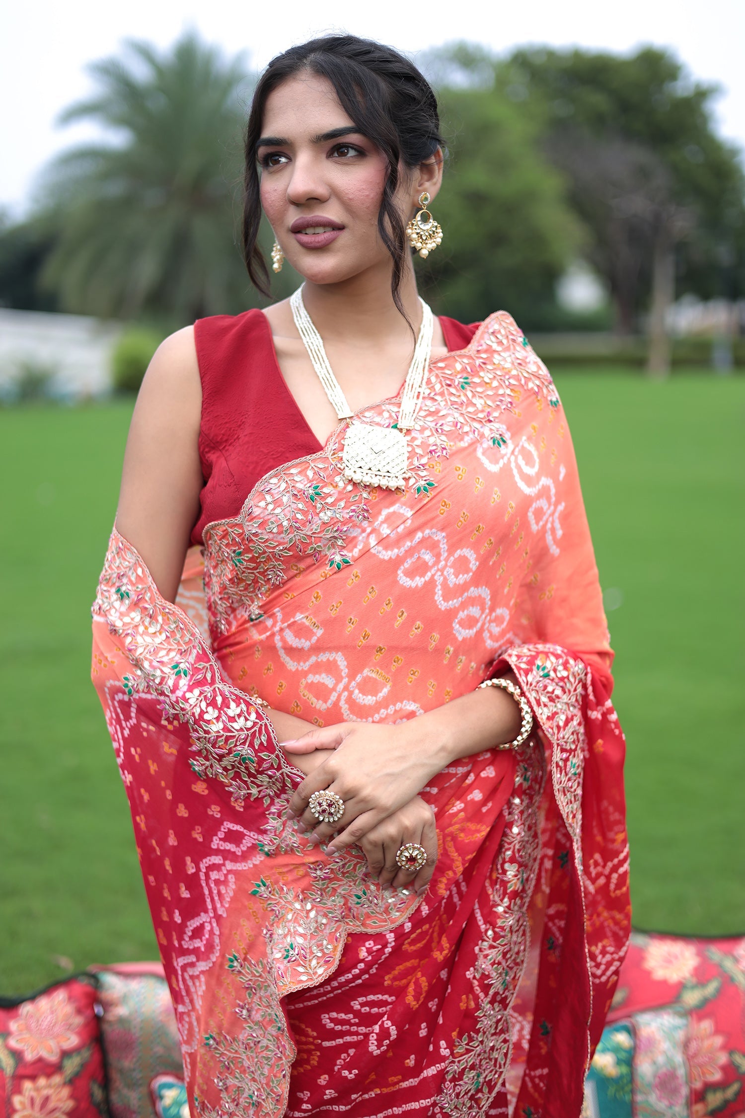 Ombre dyed Bandhej Saree with Zardozi work