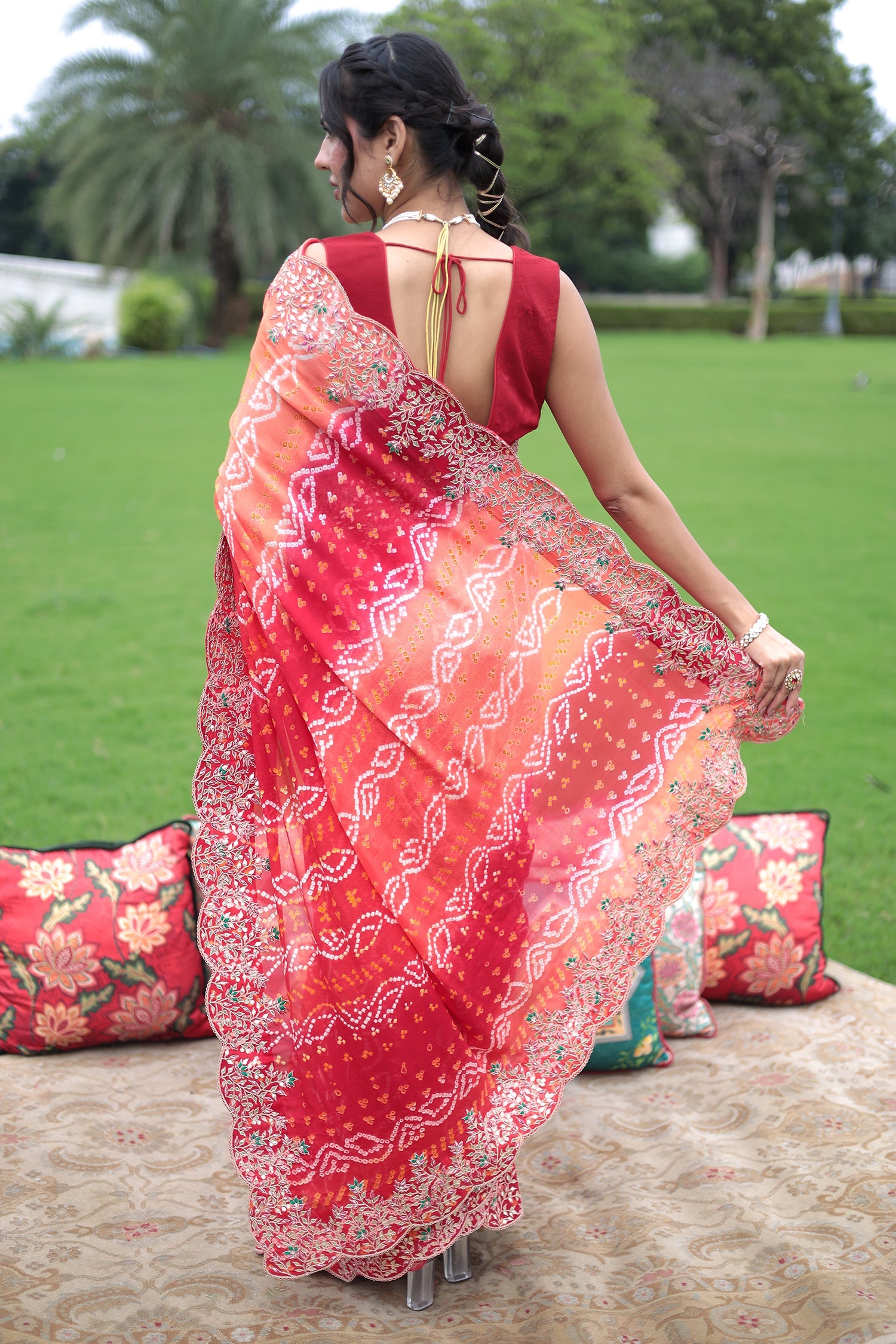 Ombre dyed Bandhej Saree with Zardozi work
