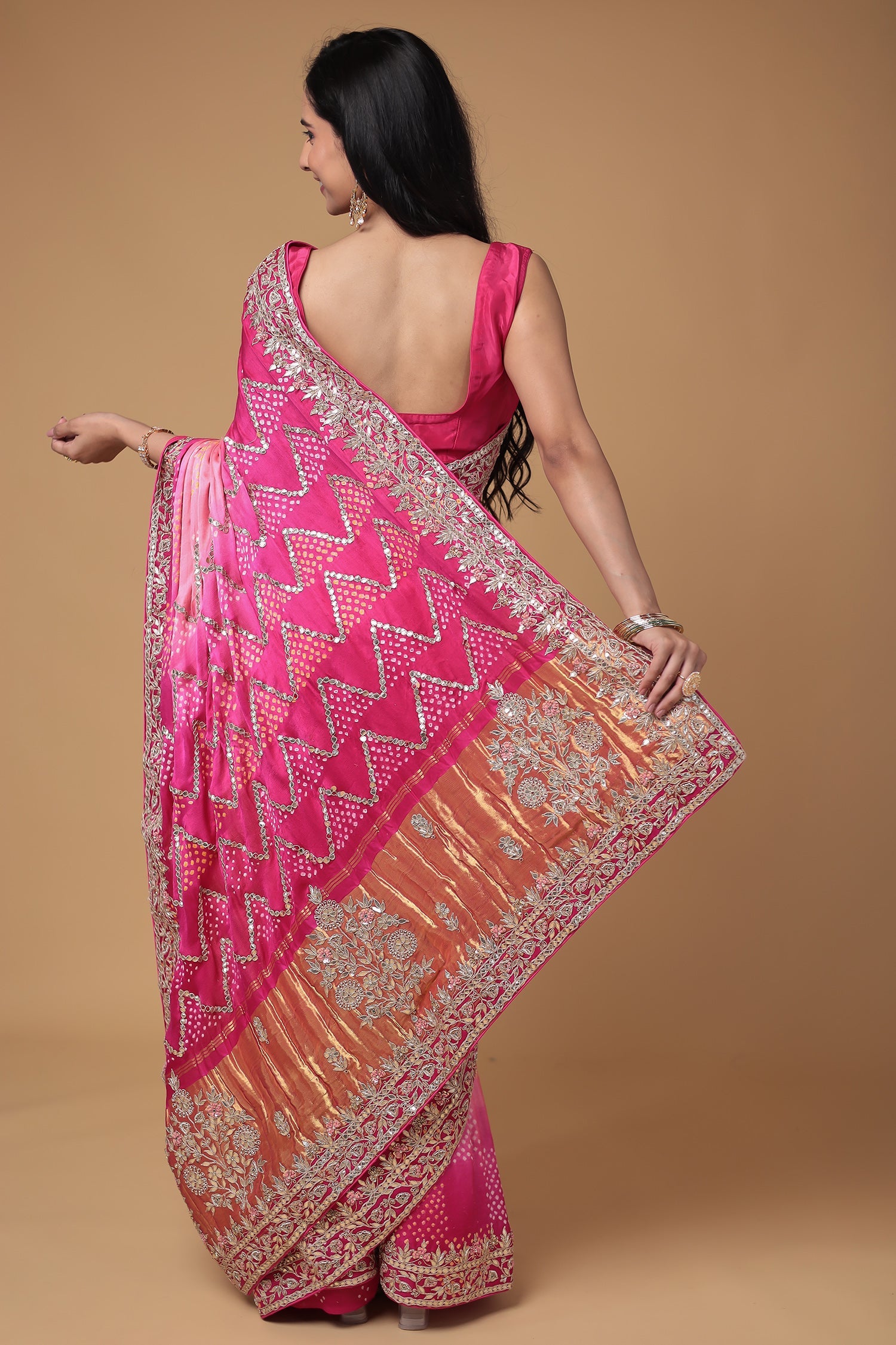 Bandhej Gajji Silk Saree with Gota Patti, Thread and Zardozi work