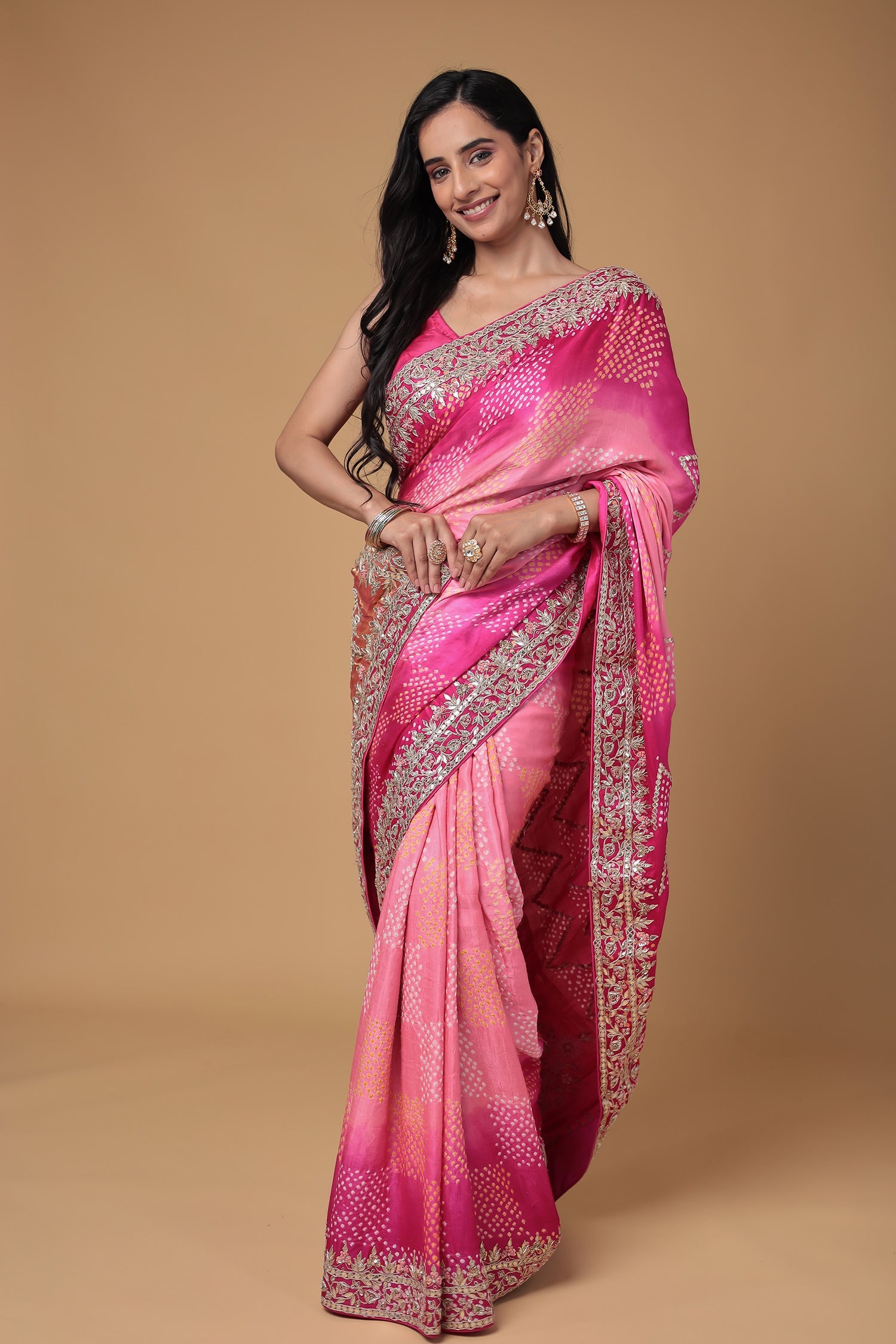 Bandhej Gajji Silk Saree with Gota Patti, Thread and Zardozi work