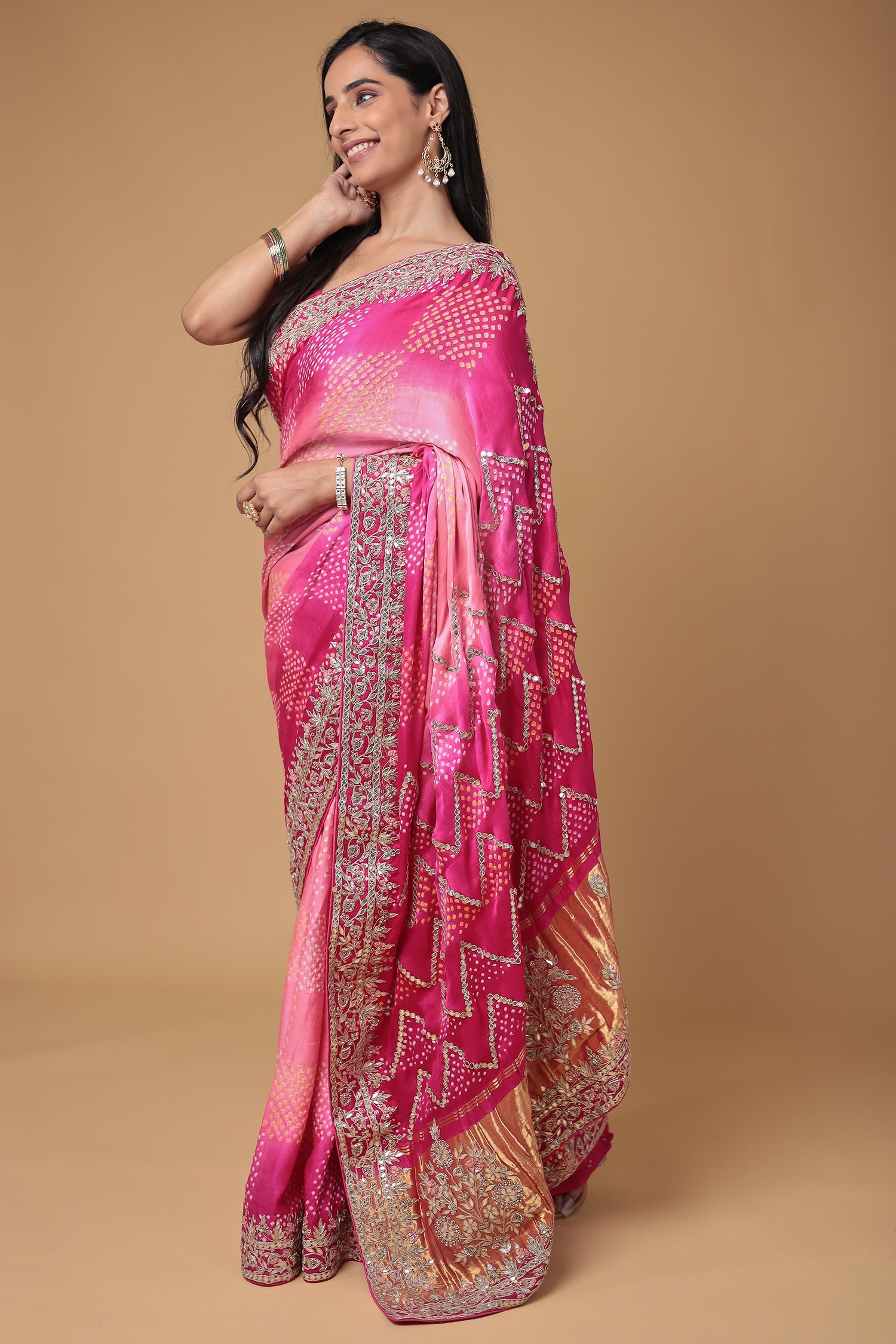 Bandhej Gajji Silk Saree with Gota Patti, Thread and Zardozi work