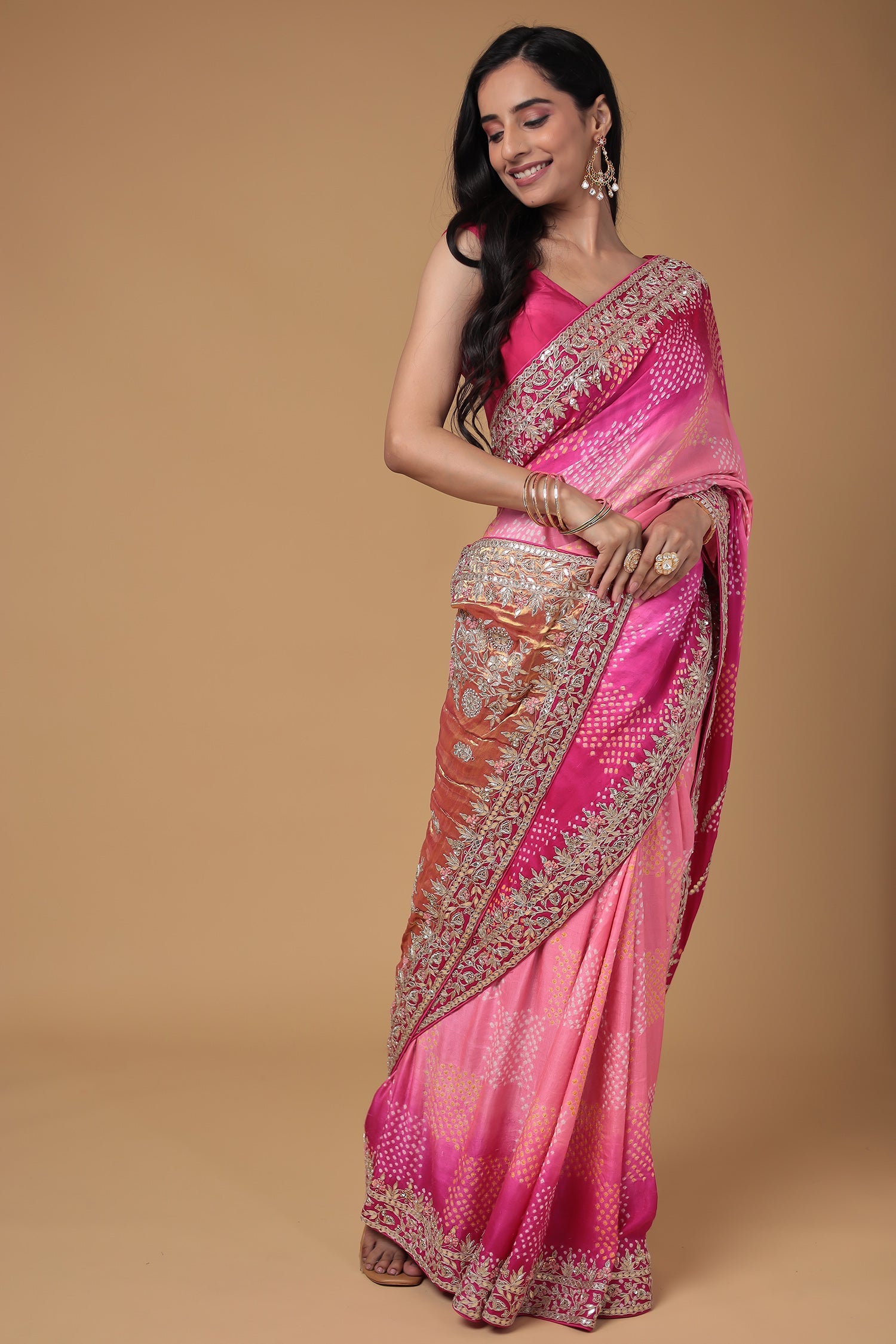 Bandhej Gajji Silk Saree with Gota Patti, Thread and Zardozi work