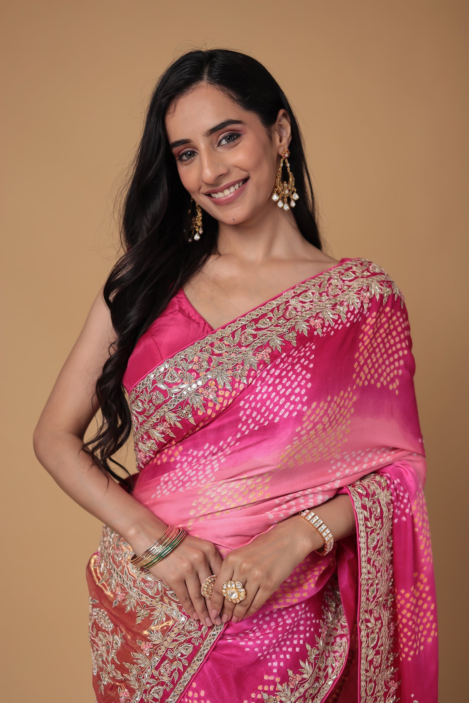 Bandhej Gajji Silk Saree with Gota Patti, Thread and Zardozi work