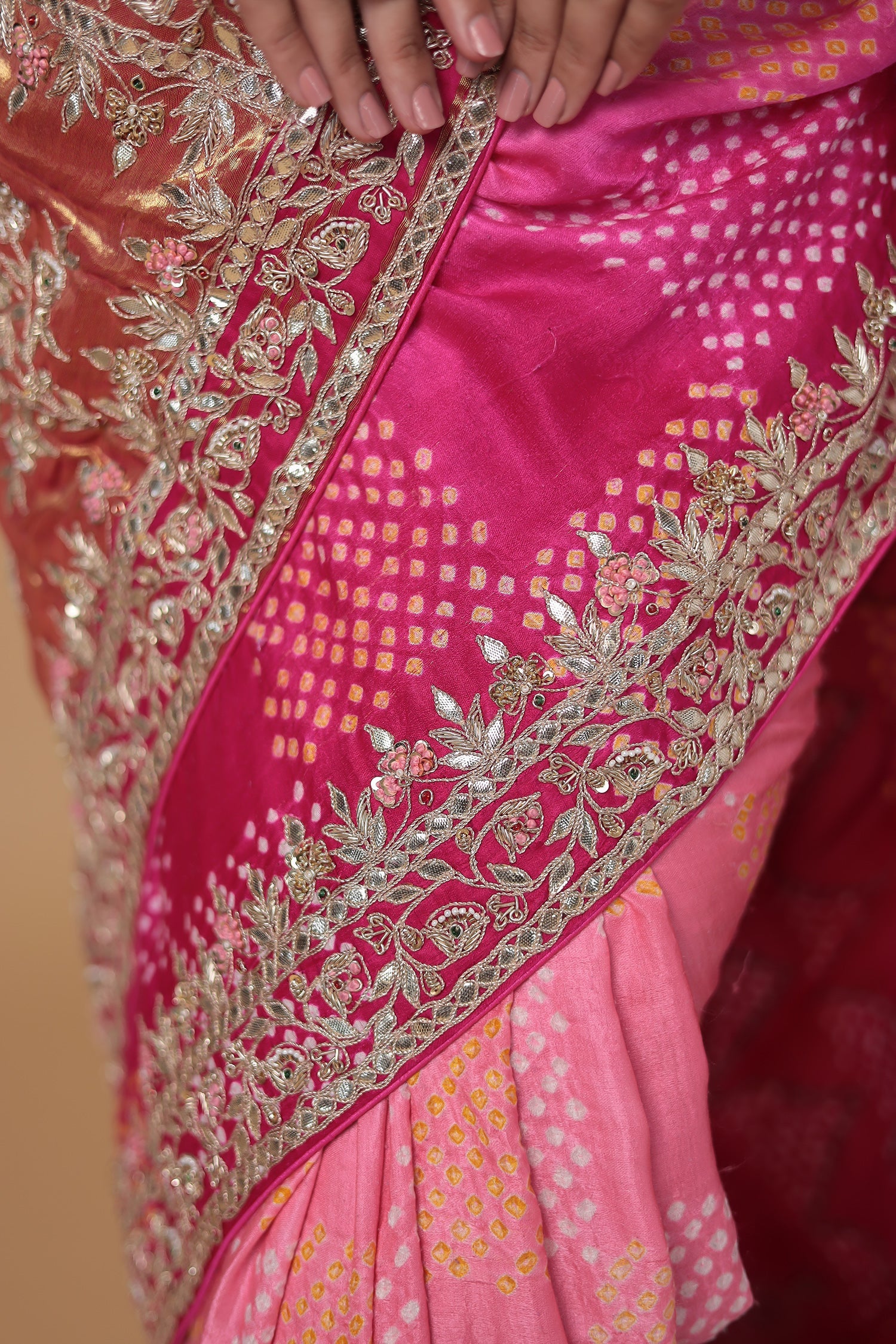 Bandhej Gajji Silk Saree with Gota Patti, Thread and Zardozi work