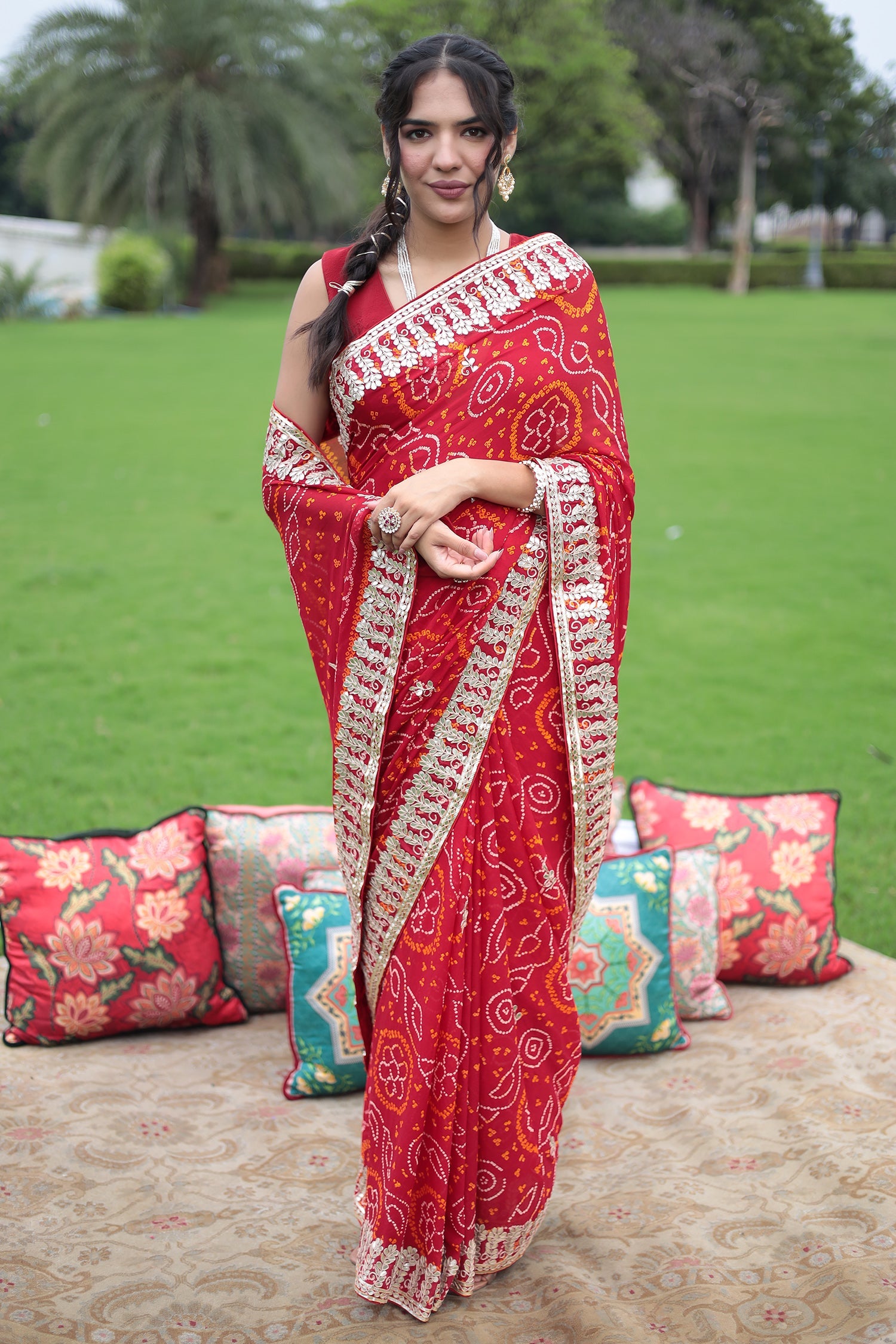 Bandhej Chiffon Saree with Gota Patti work