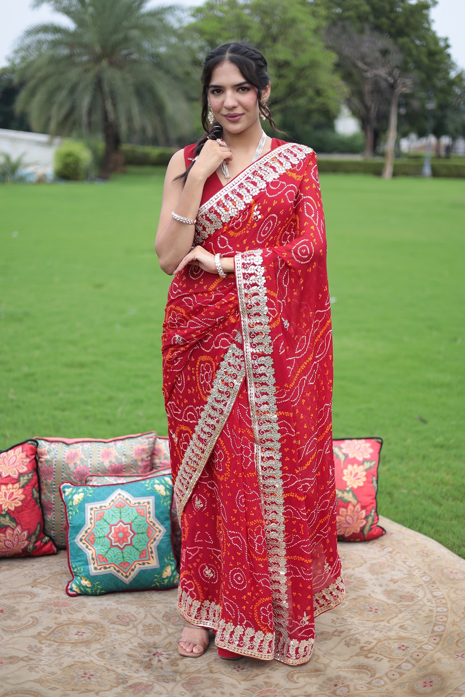 Bandhej Chiffon Saree with Gota Patti work
