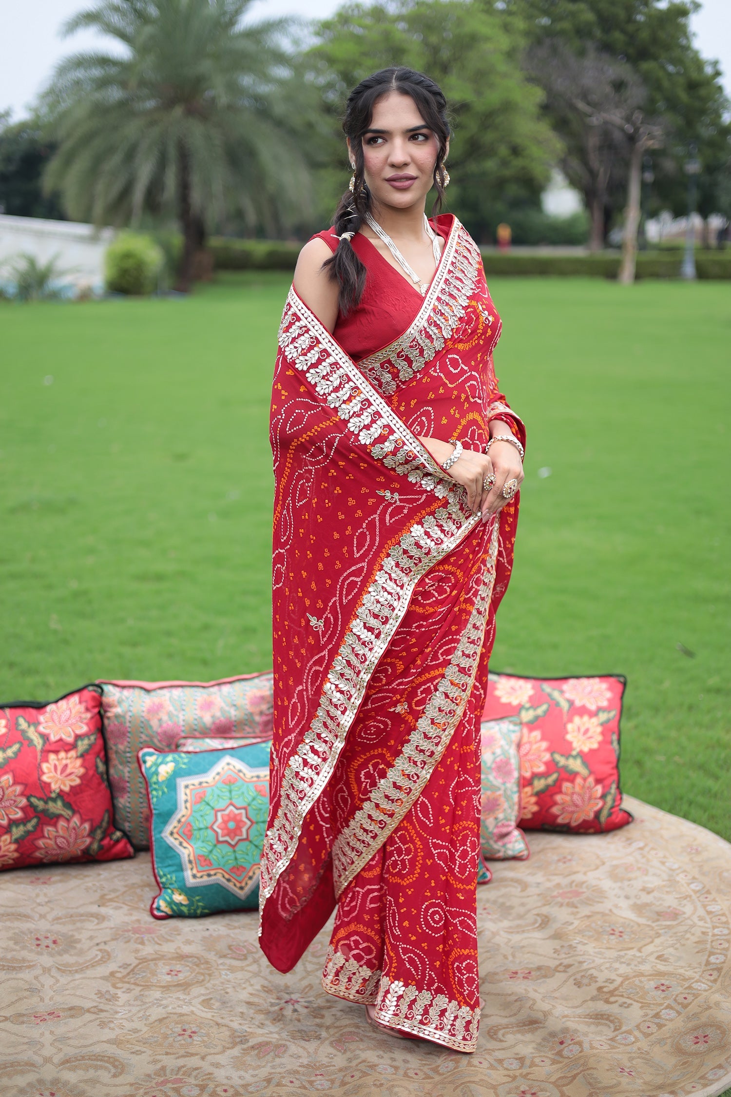 Bandhej Chiffon Saree with Gota Patti work
