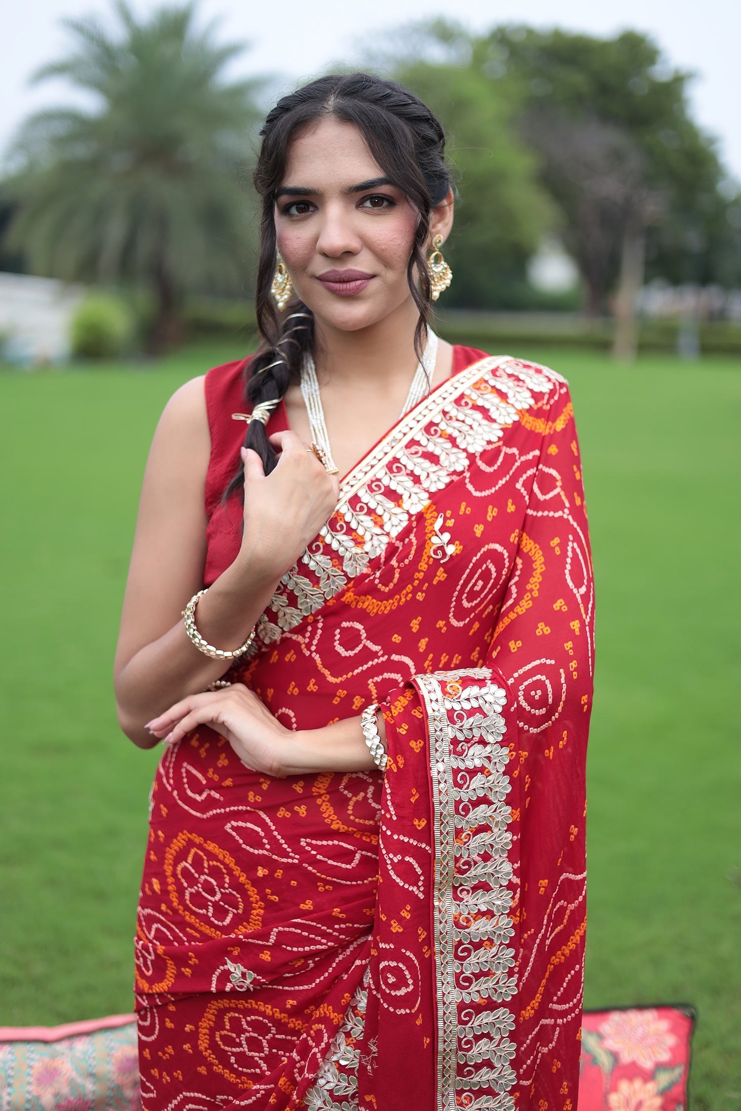 Bandhej Chiffon Saree with Gota Patti work