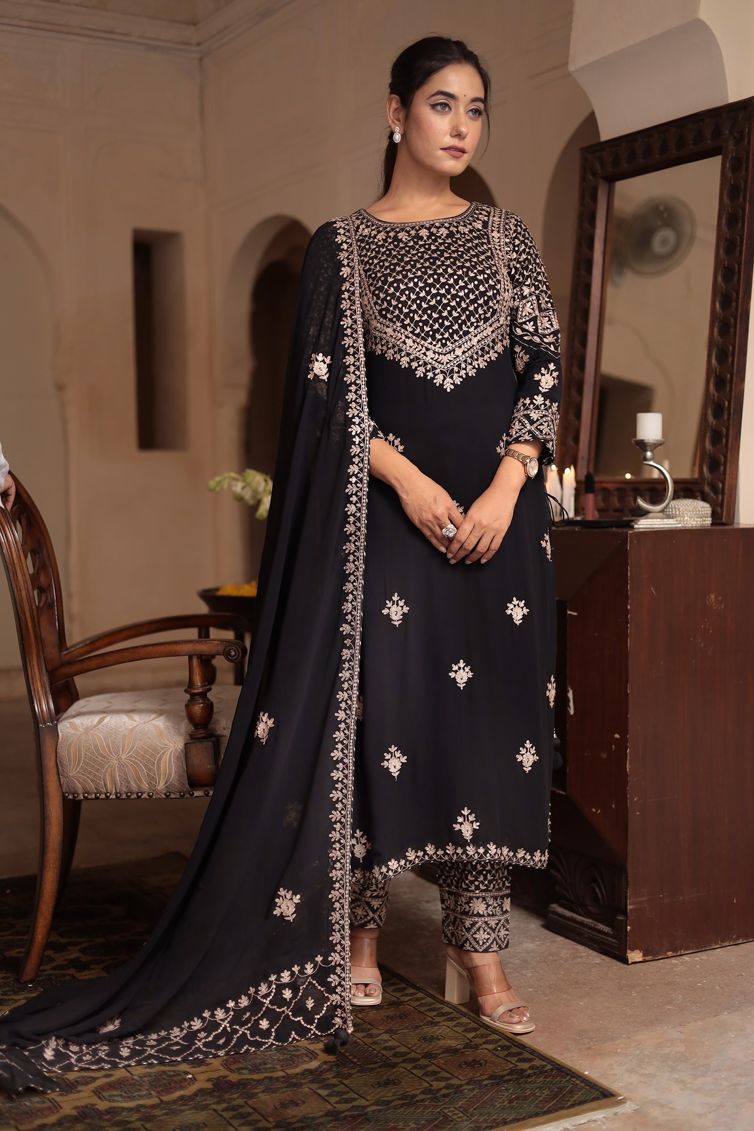 Georgette Straight Suit Embroidered with Pittan work