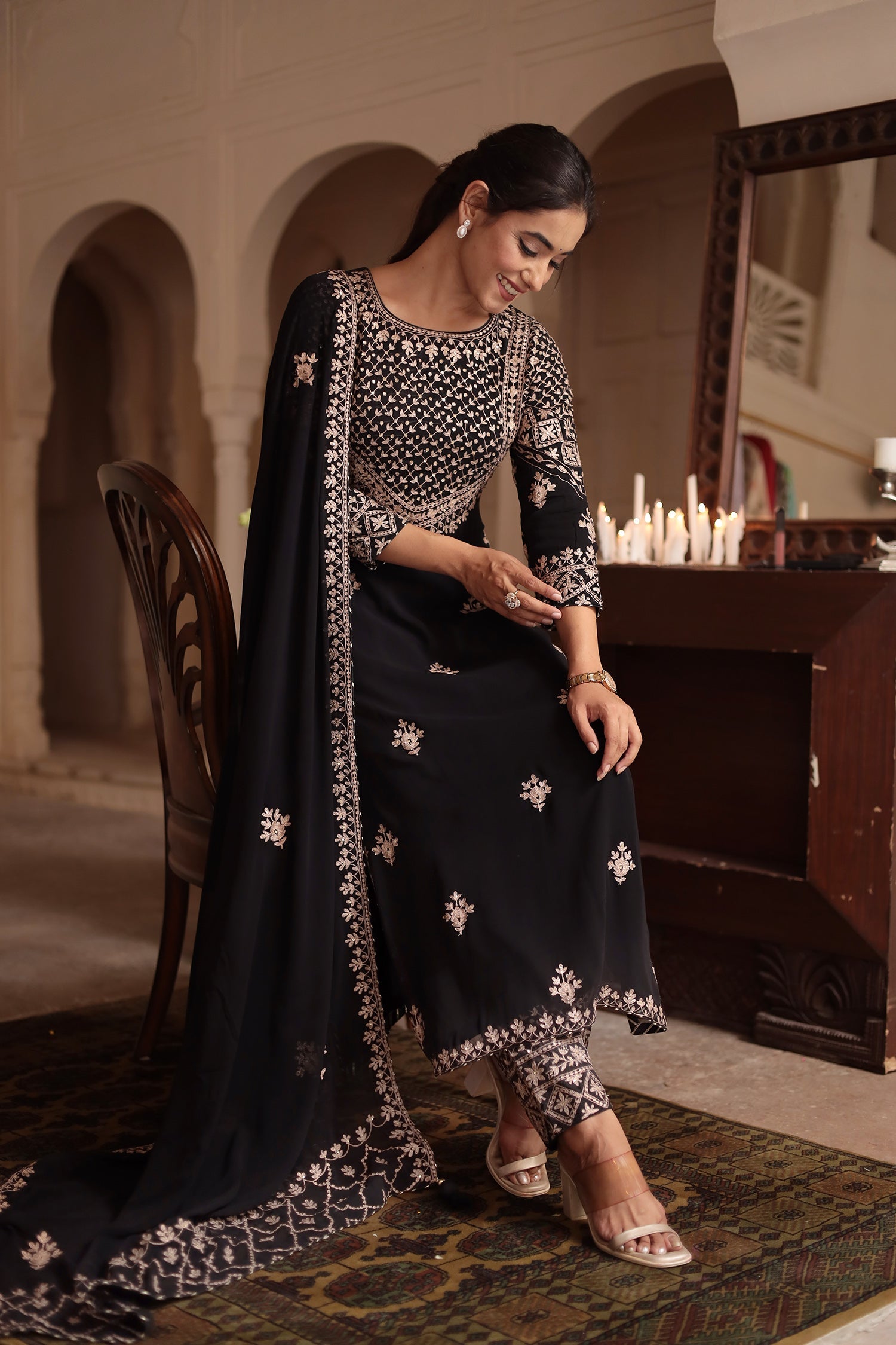 Georgette Straight Suit Embroidered with Pittan work