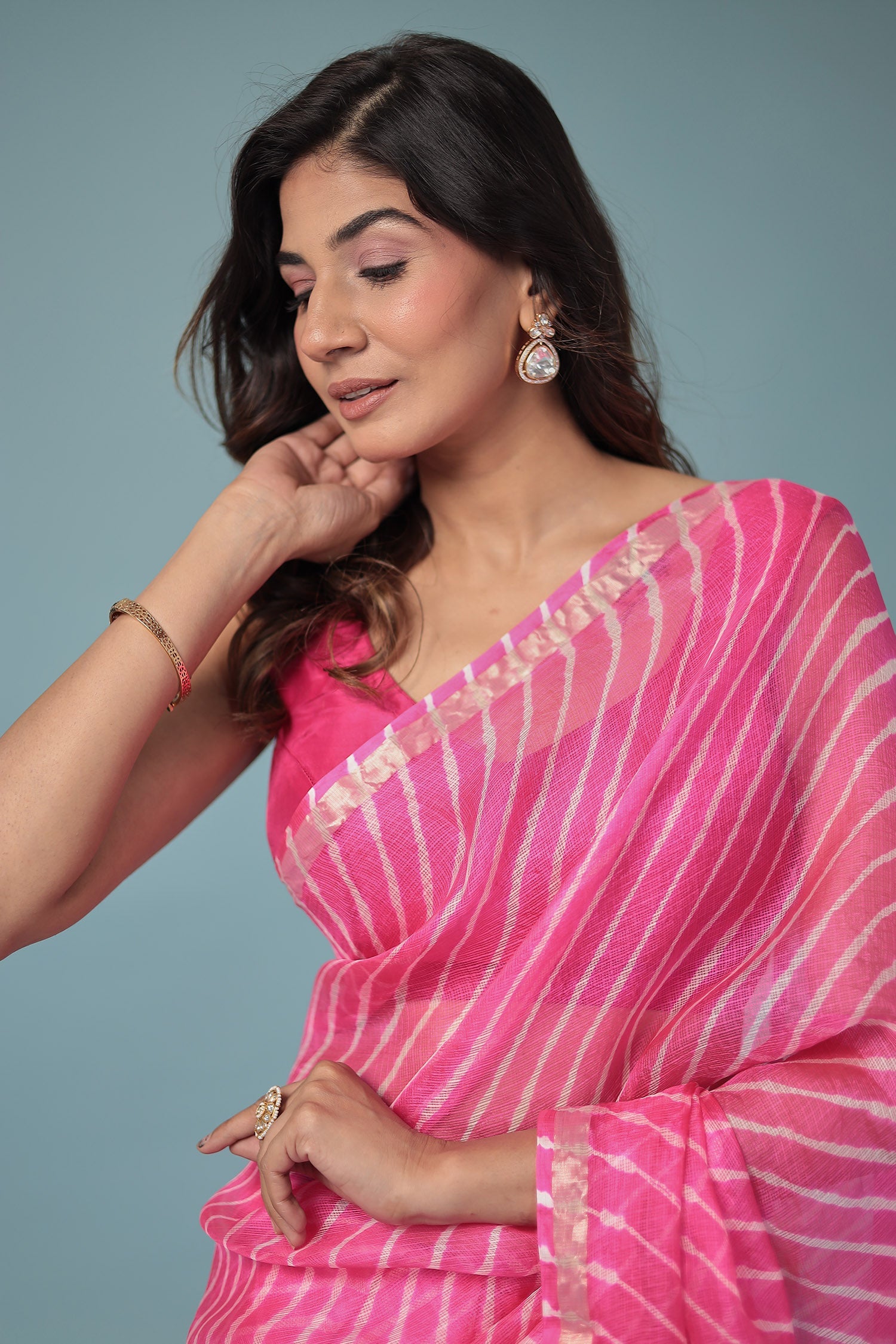 Kota Doria Silk Leheriya Saree with Zari work.