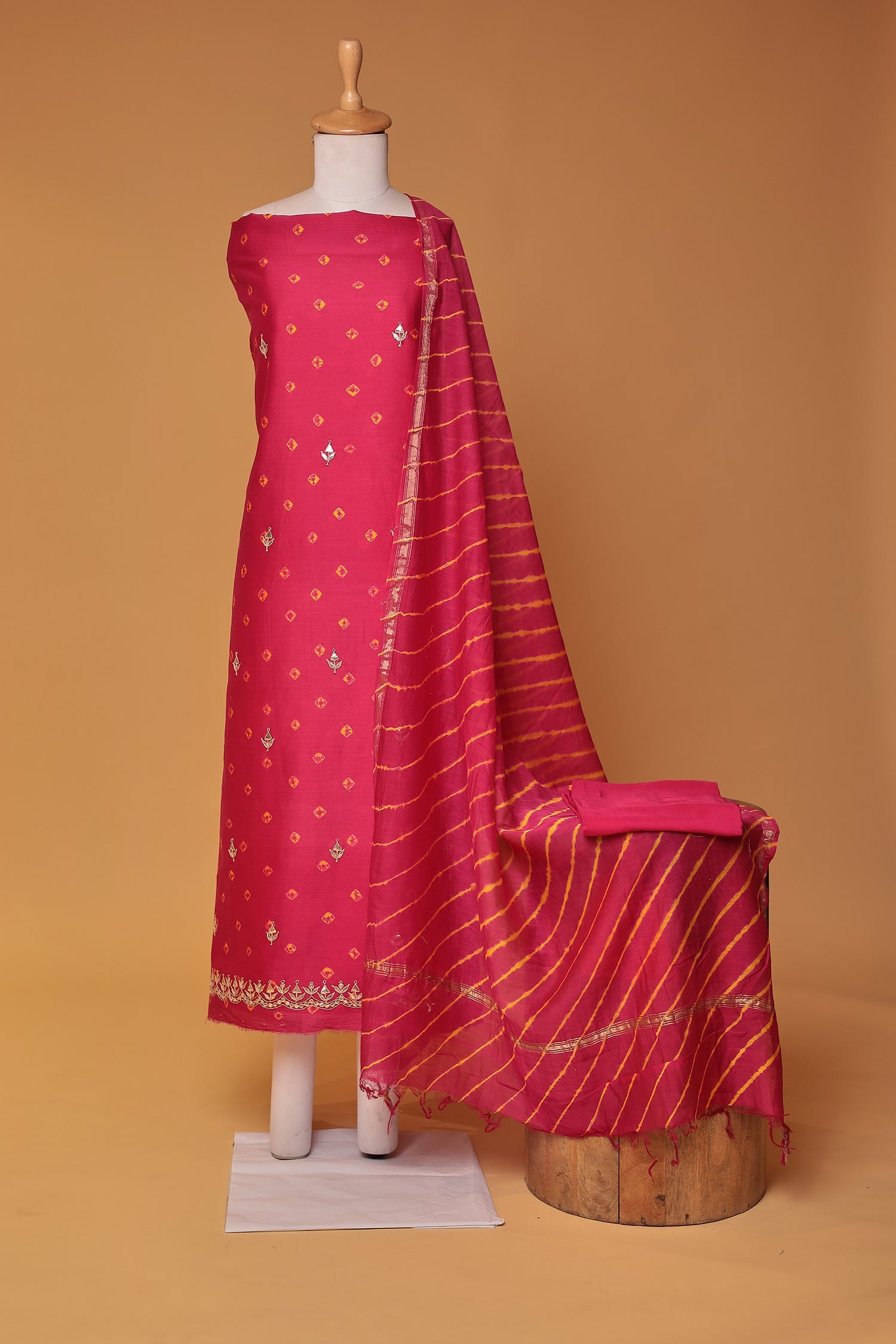 Bandhej Chanderi Gota Patti work Unstitched Suit with Leheriya Dupatta