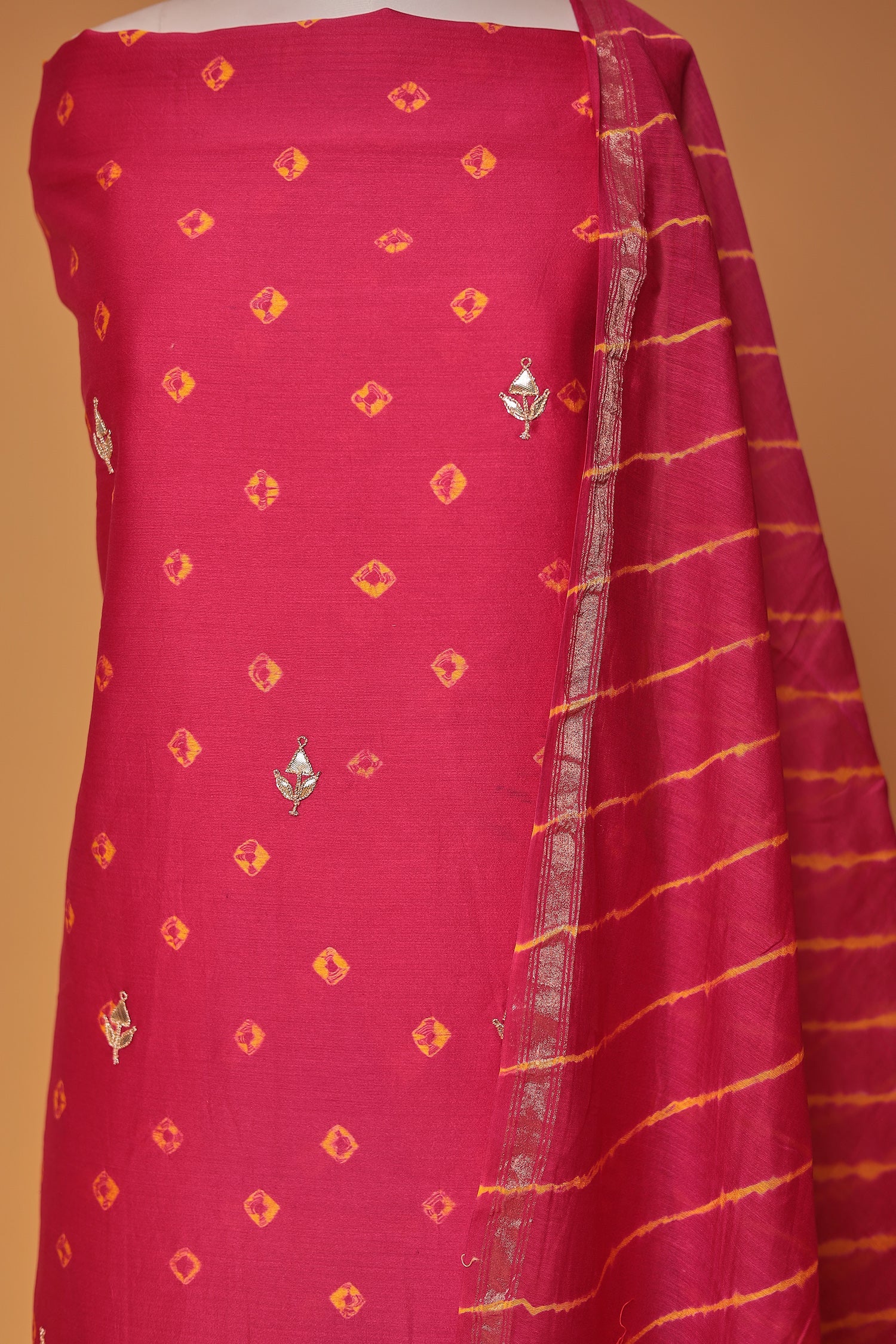 Bandhej Chanderi Gota Patti work Unstitched Suit with Leheriya Dupatta