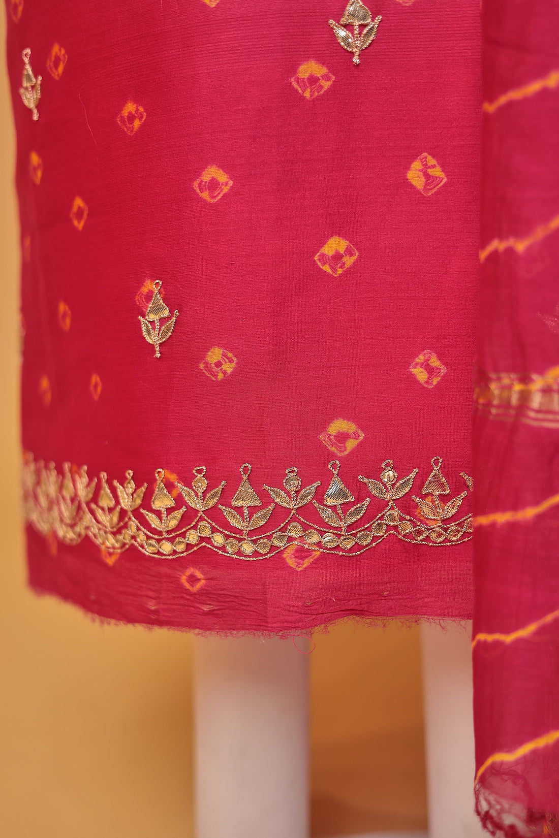 Bandhej Chanderi Gota Patti work Unstitched Suit with Leheriya Dupatta