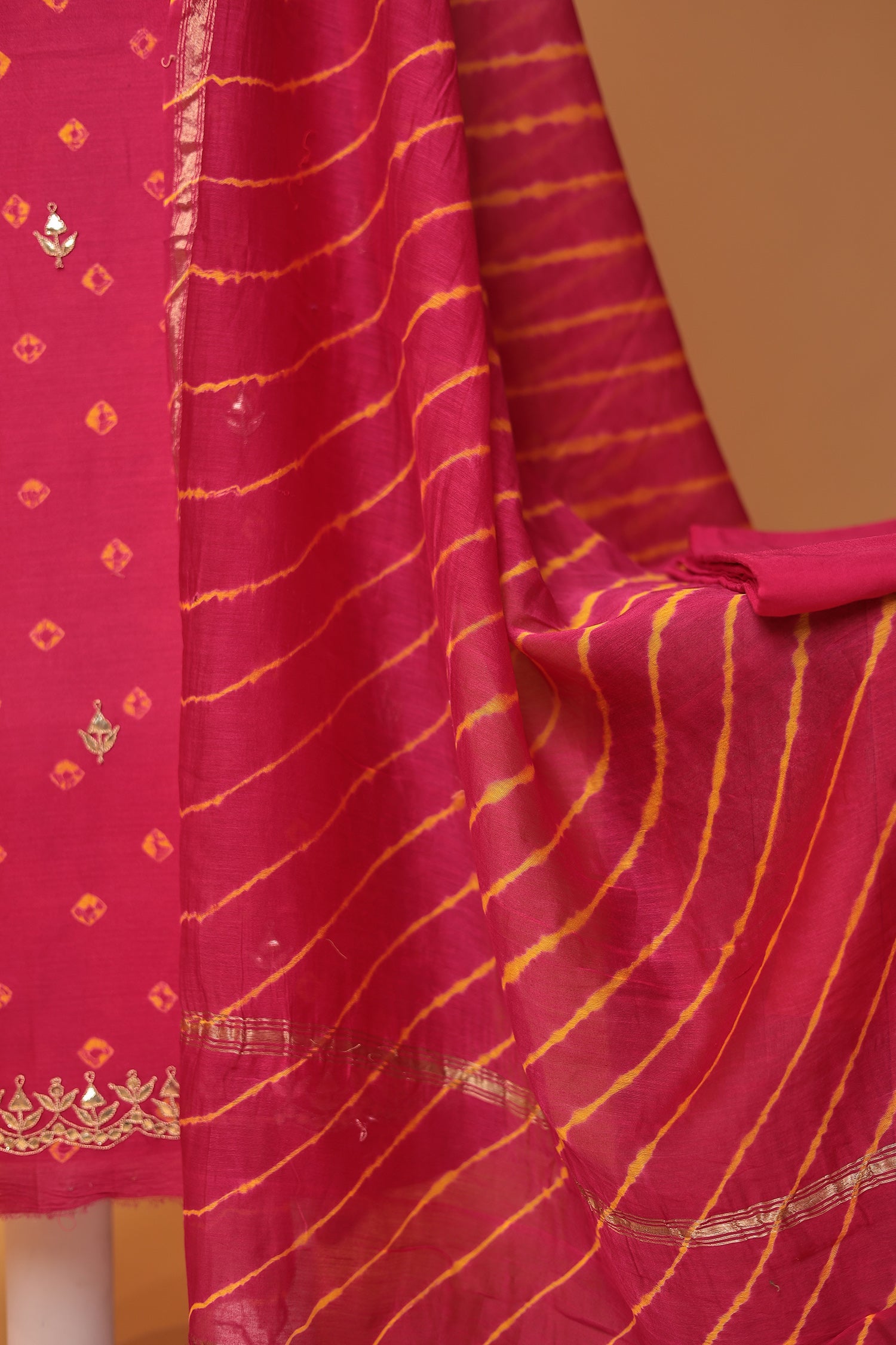 Bandhej Chanderi Gota Patti work Unstitched Suit with Leheriya Dupatta