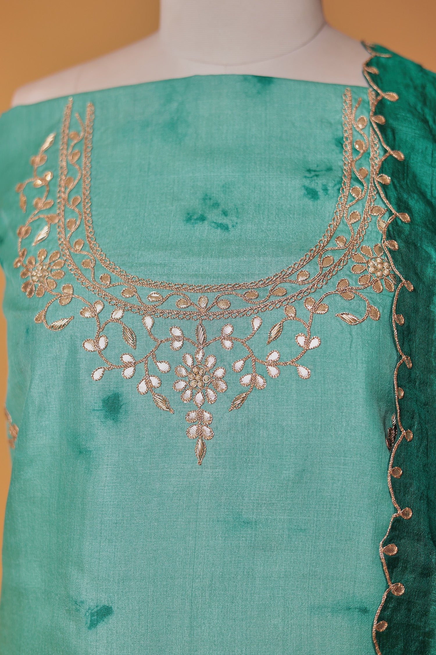 Tie & Dye Silk Unstitched Suit with Gota Patti and Zardozi work