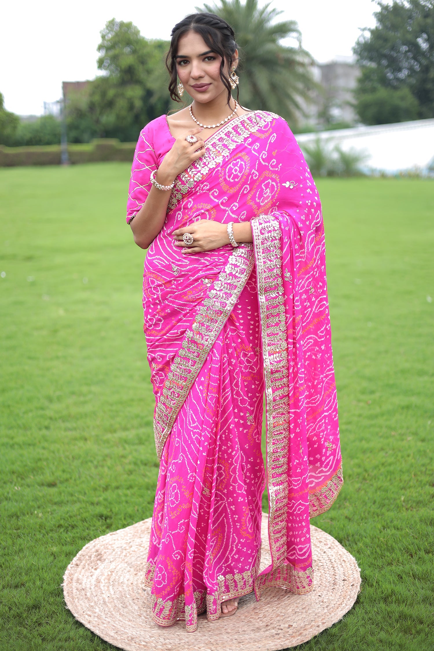 Bandhej Chiffon Saree with Gota Patti work