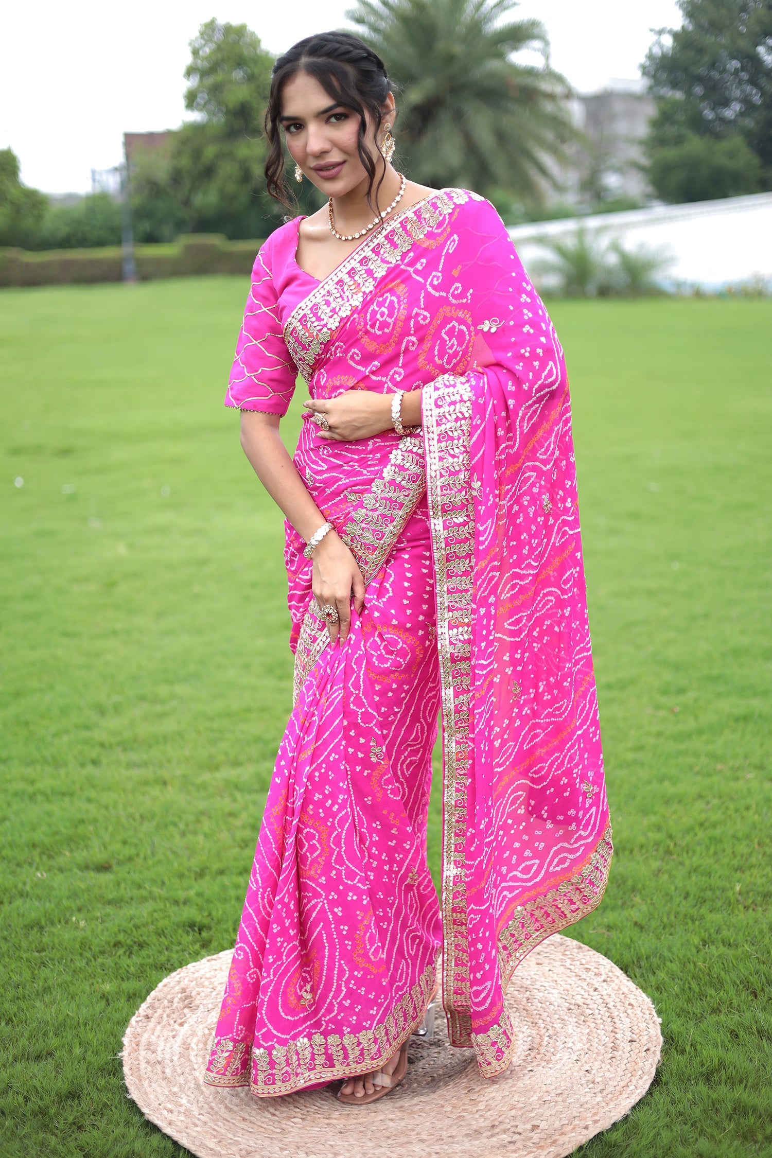 Bandhej Chiffon Saree with Gota Patti work