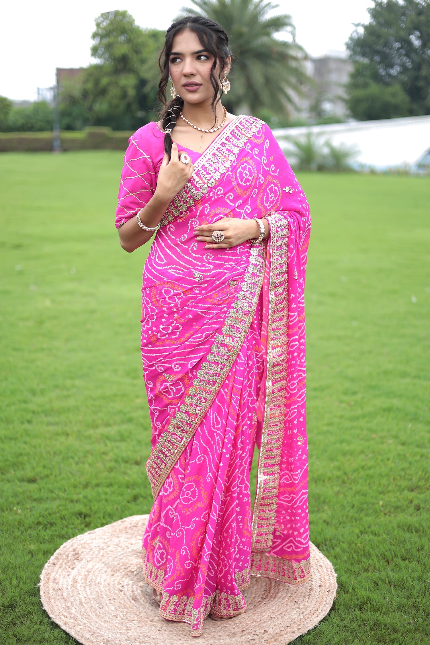 Bandhej Chiffon Saree with Gota Patti work