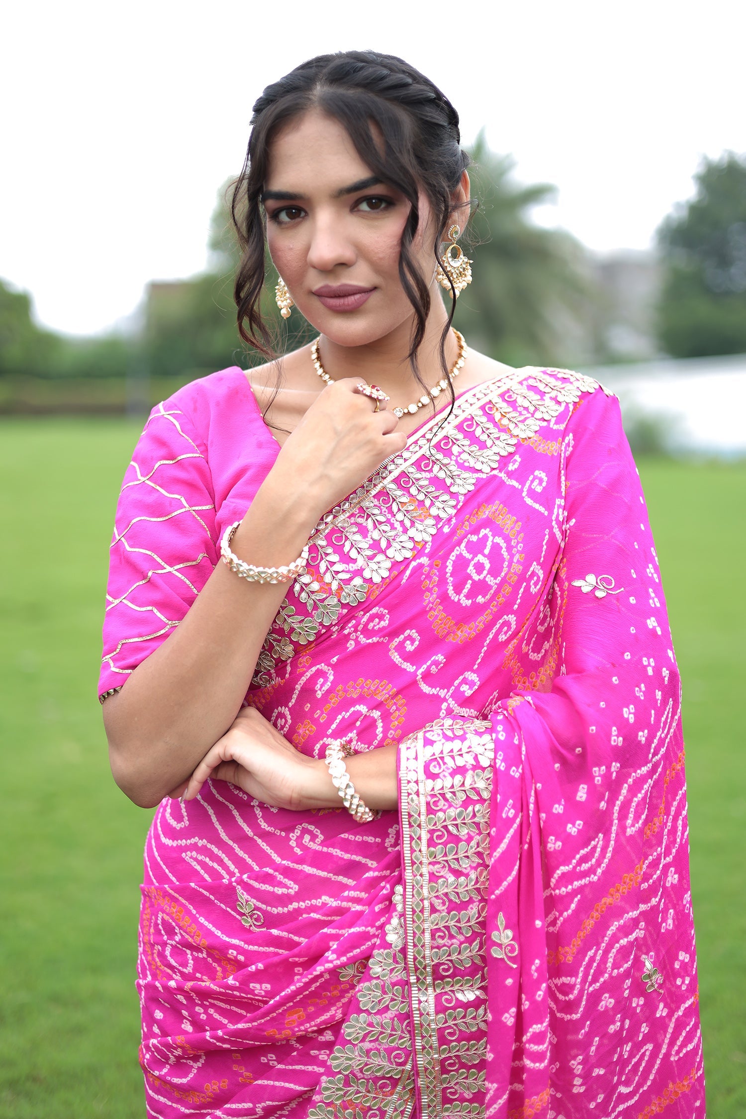 Bandhej Chiffon Saree with Gota Patti work