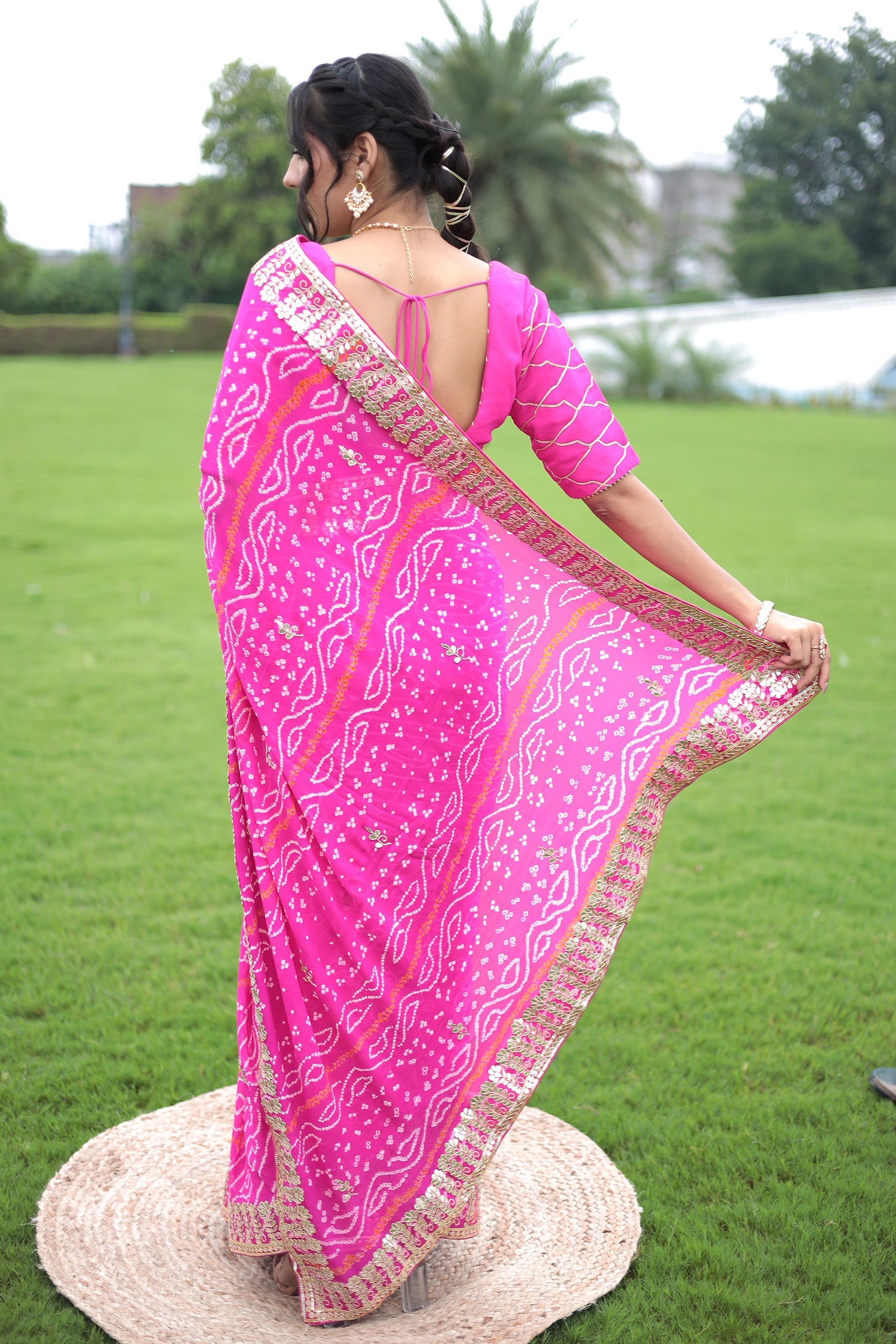 Bandhej Chiffon Saree with Gota Patti work