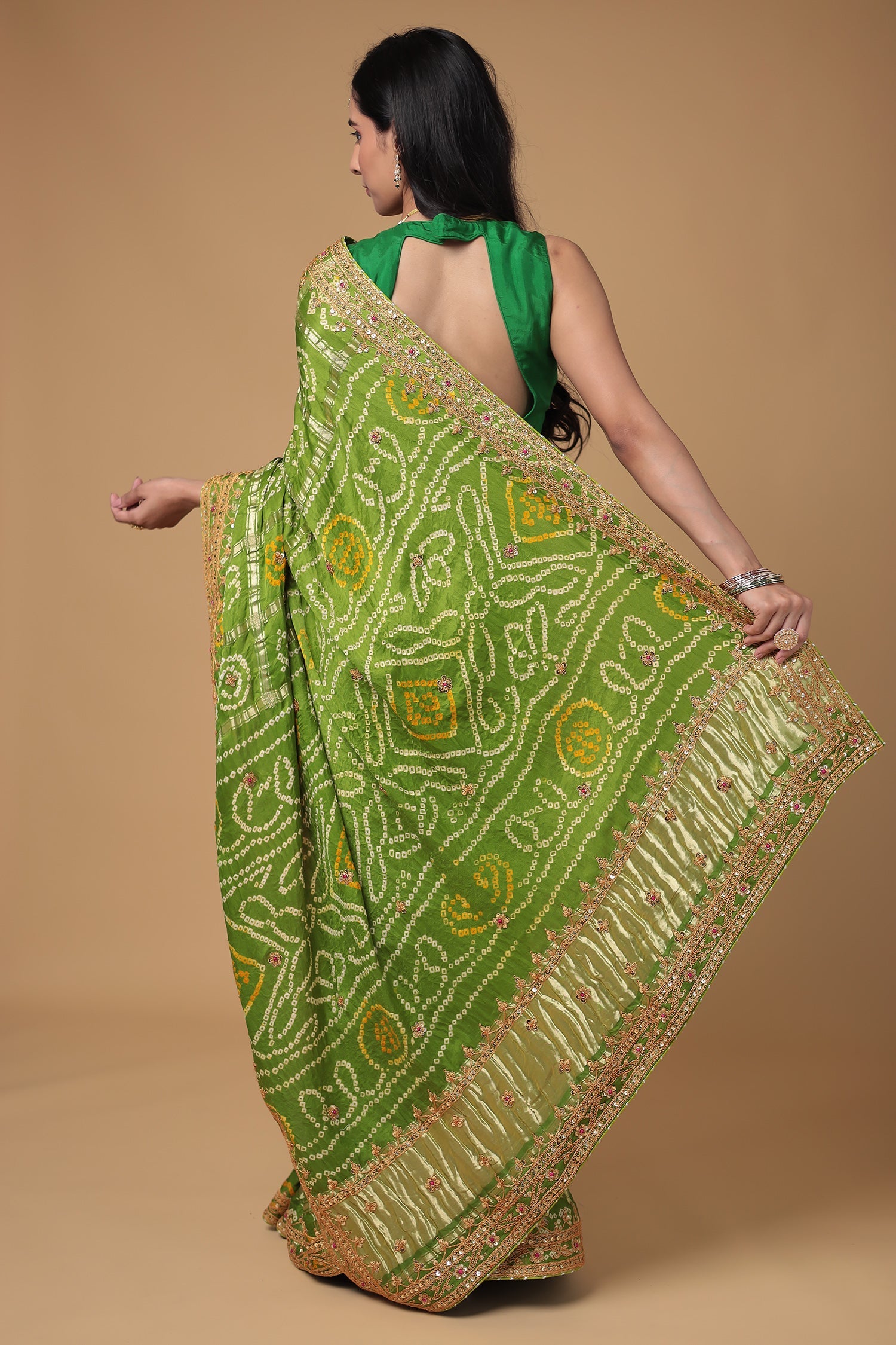 Bandhej Gajji Silk Saree with Dori, Sequins and Ghatchola work