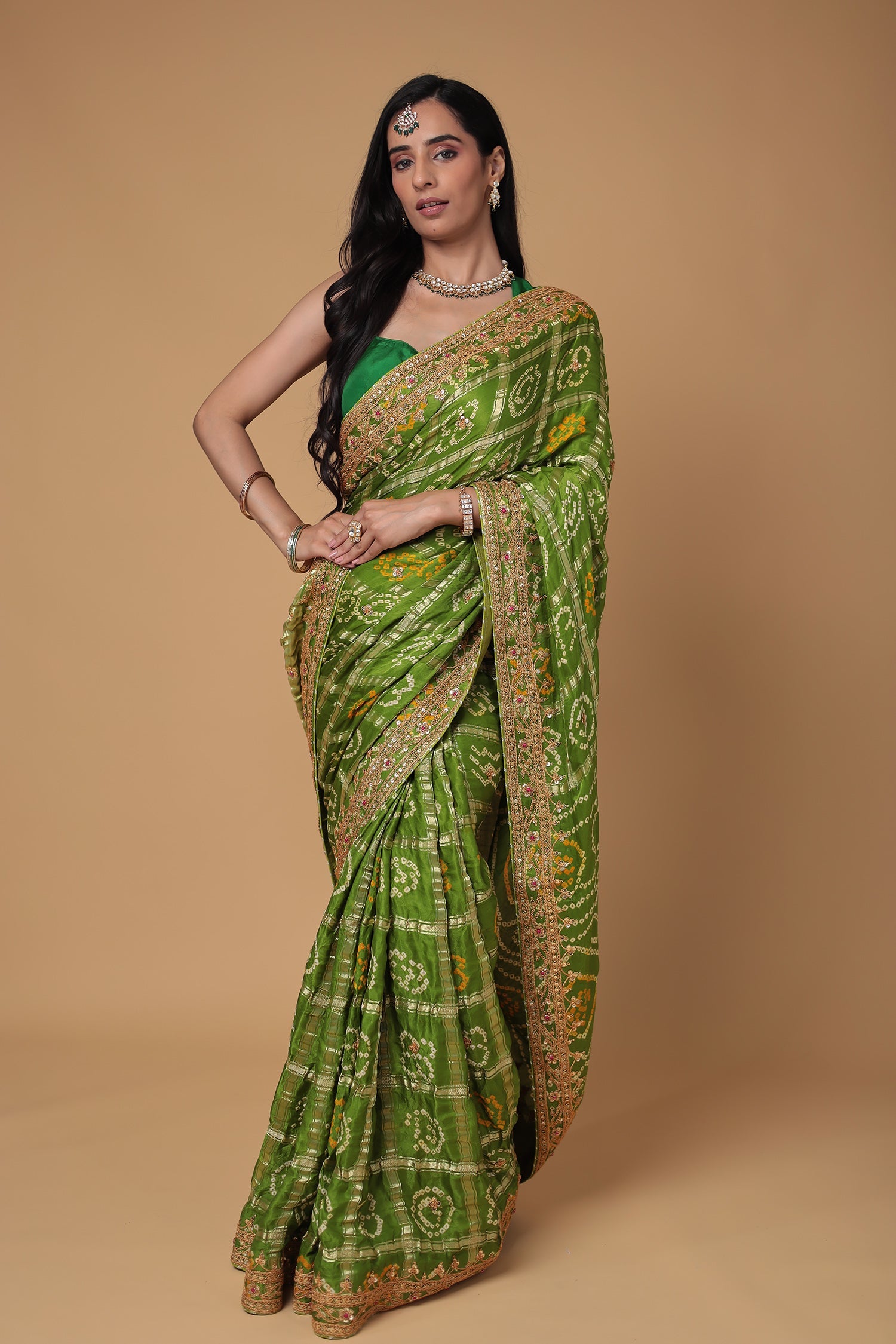 Bandhej Gajji Silk Saree with Dori, Sequins and Ghatchola work