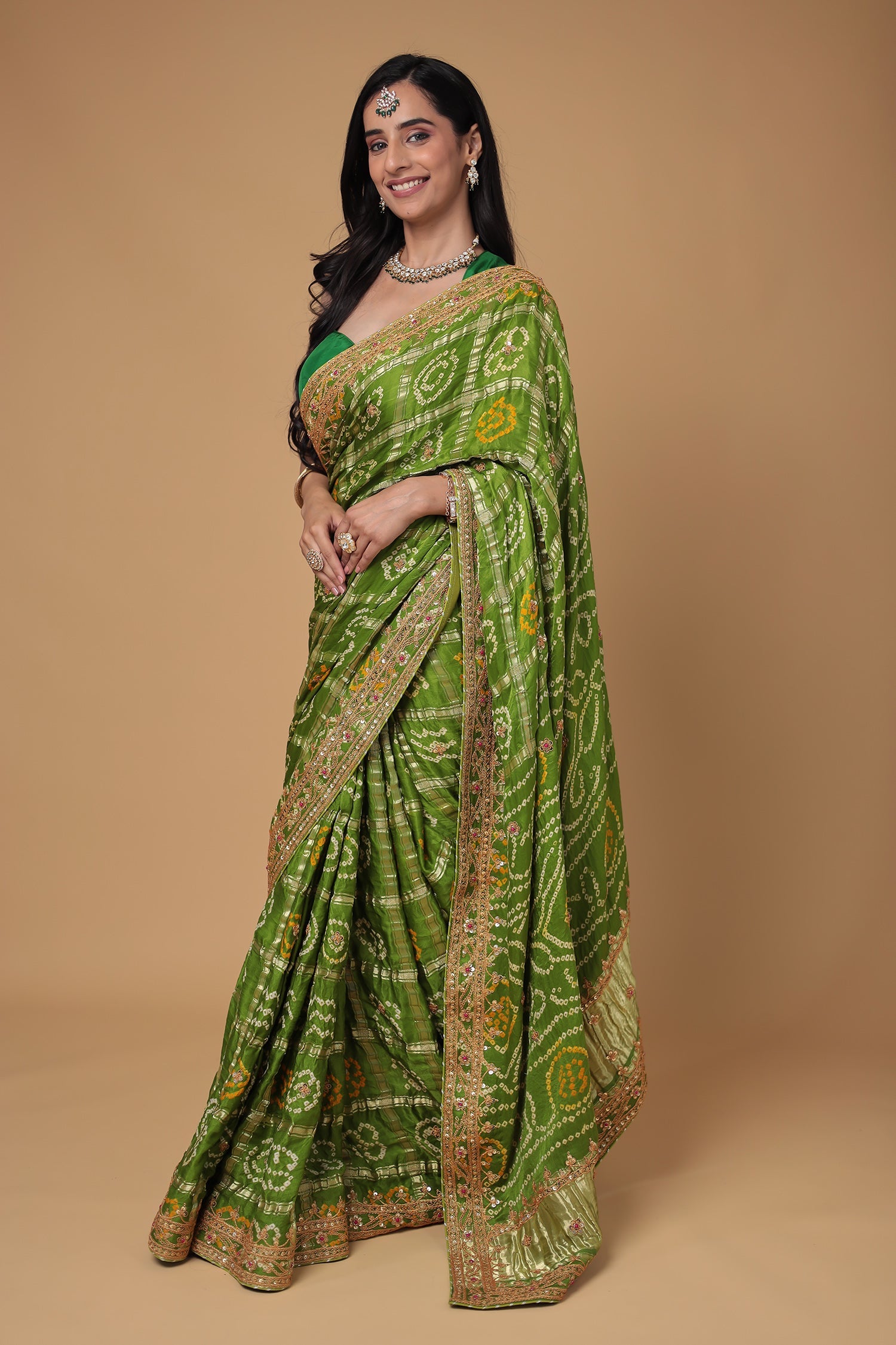 Bandhej Gajji Silk Saree with Dori, Sequins and Ghatchola work