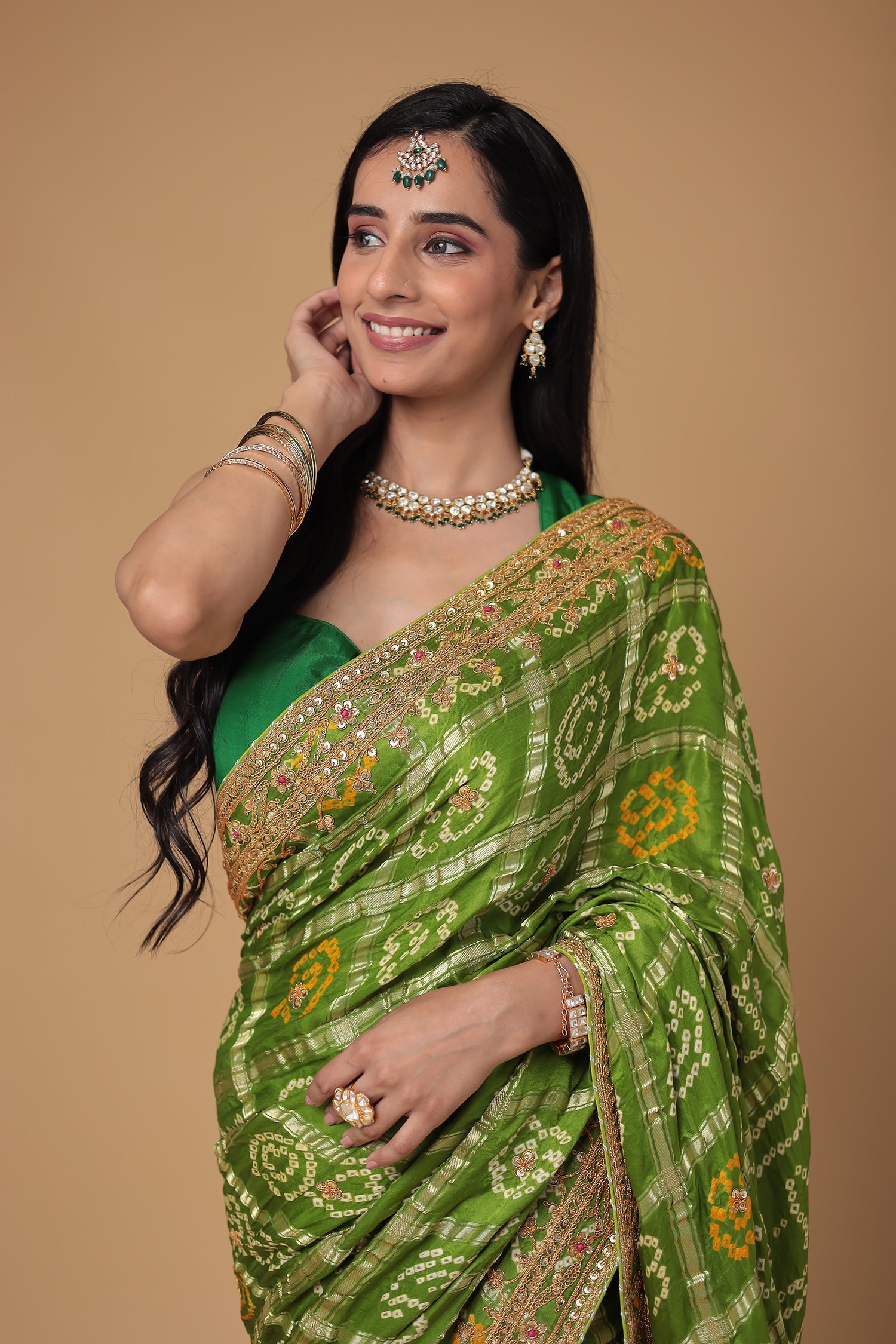Bandhej Gajji Silk Saree with Dori, Sequins and Ghatchola work