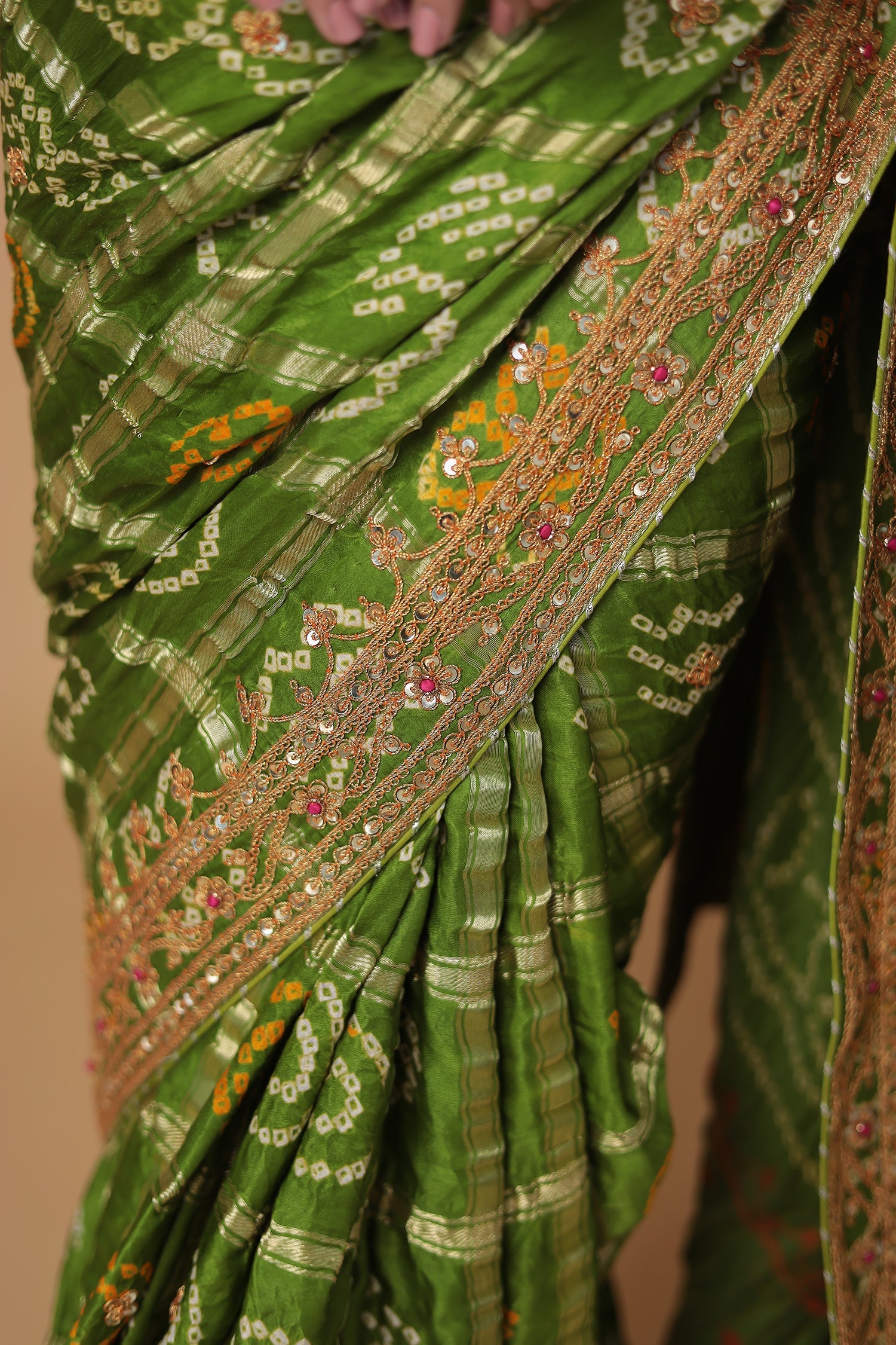 Bandhej Gajji Silk Saree with Dori, Sequins and Ghatchola work