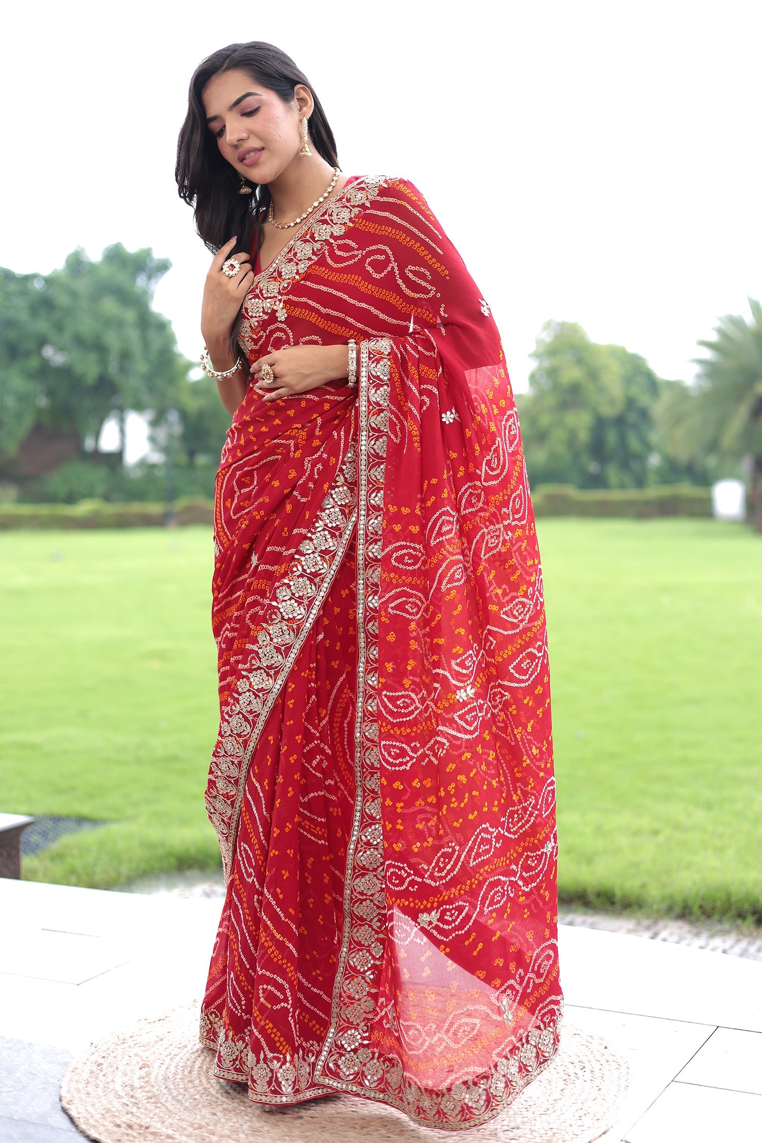 Bandhej Pure Georgette Saree with Dori and Gota Patti work