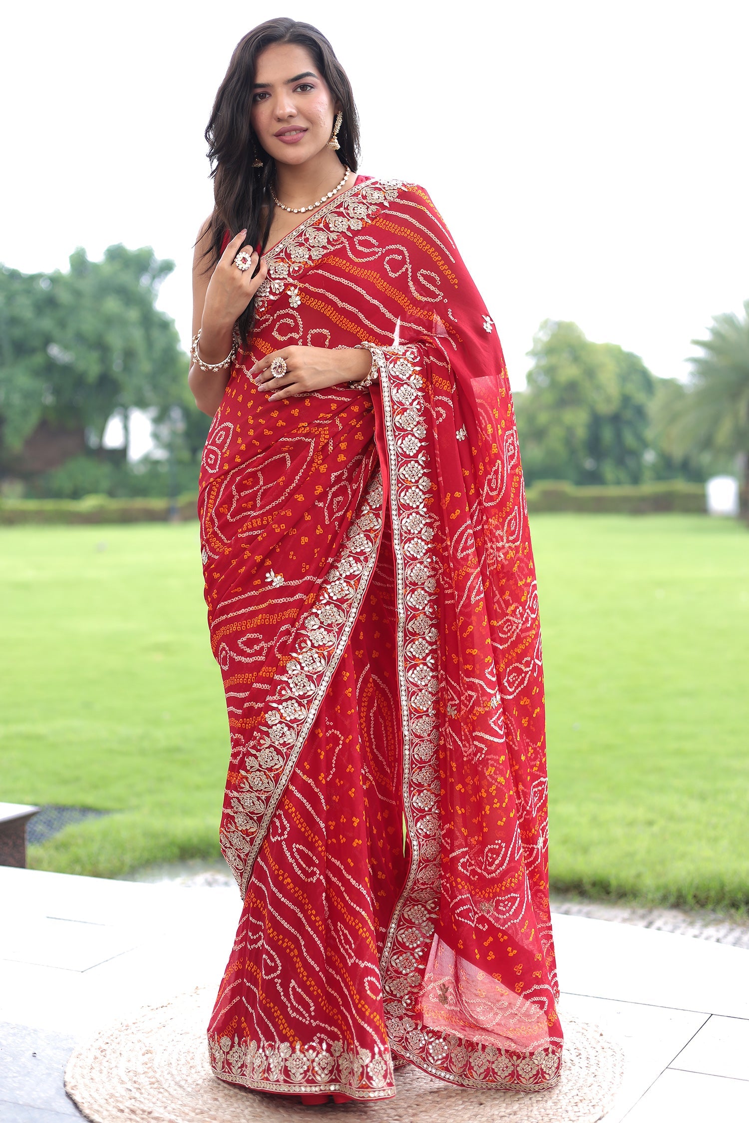 Bandhej Pure Georgette Saree with Dori and Gota Patti work