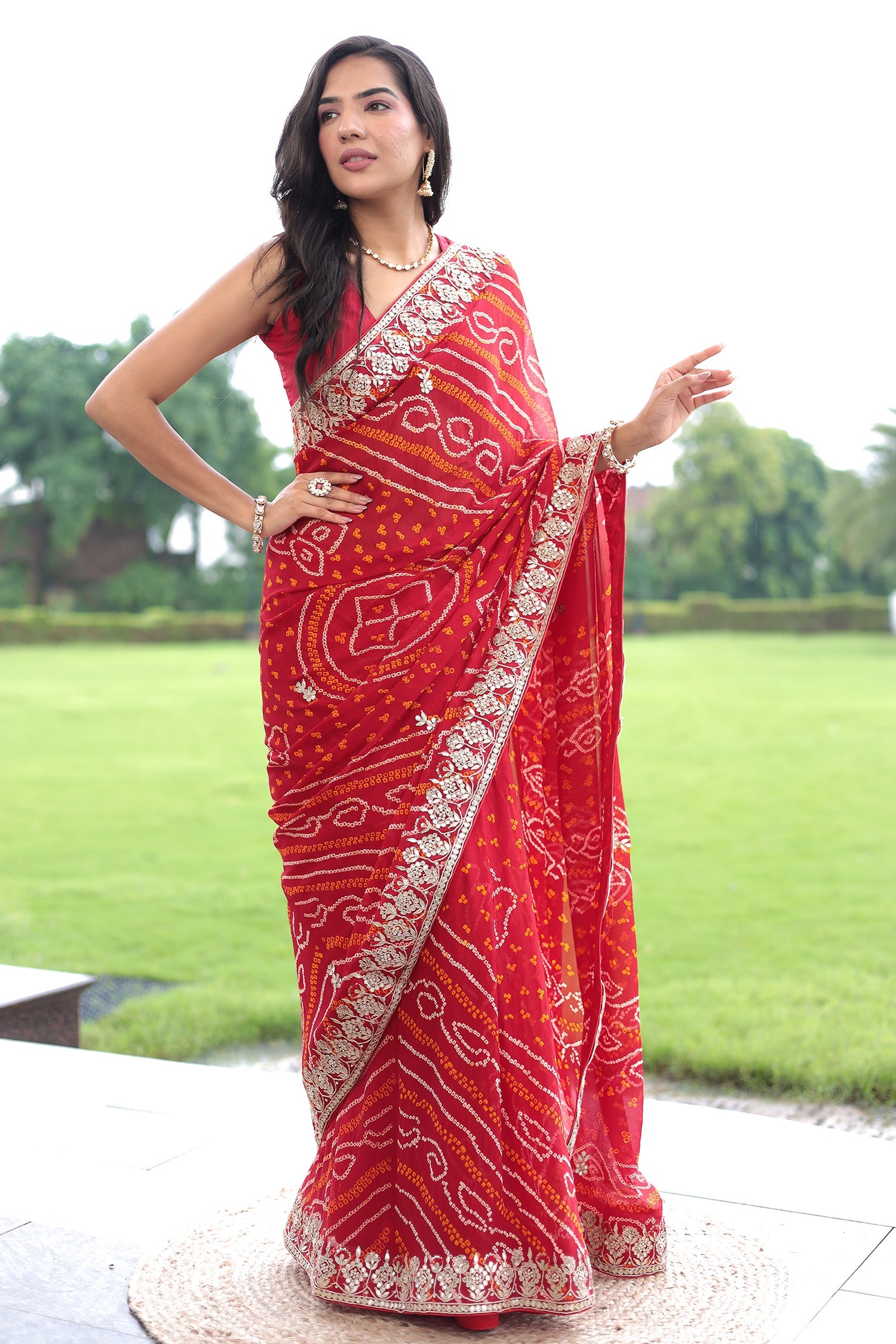 Bandhej Pure Georgette Saree with Dori and Gota Patti work