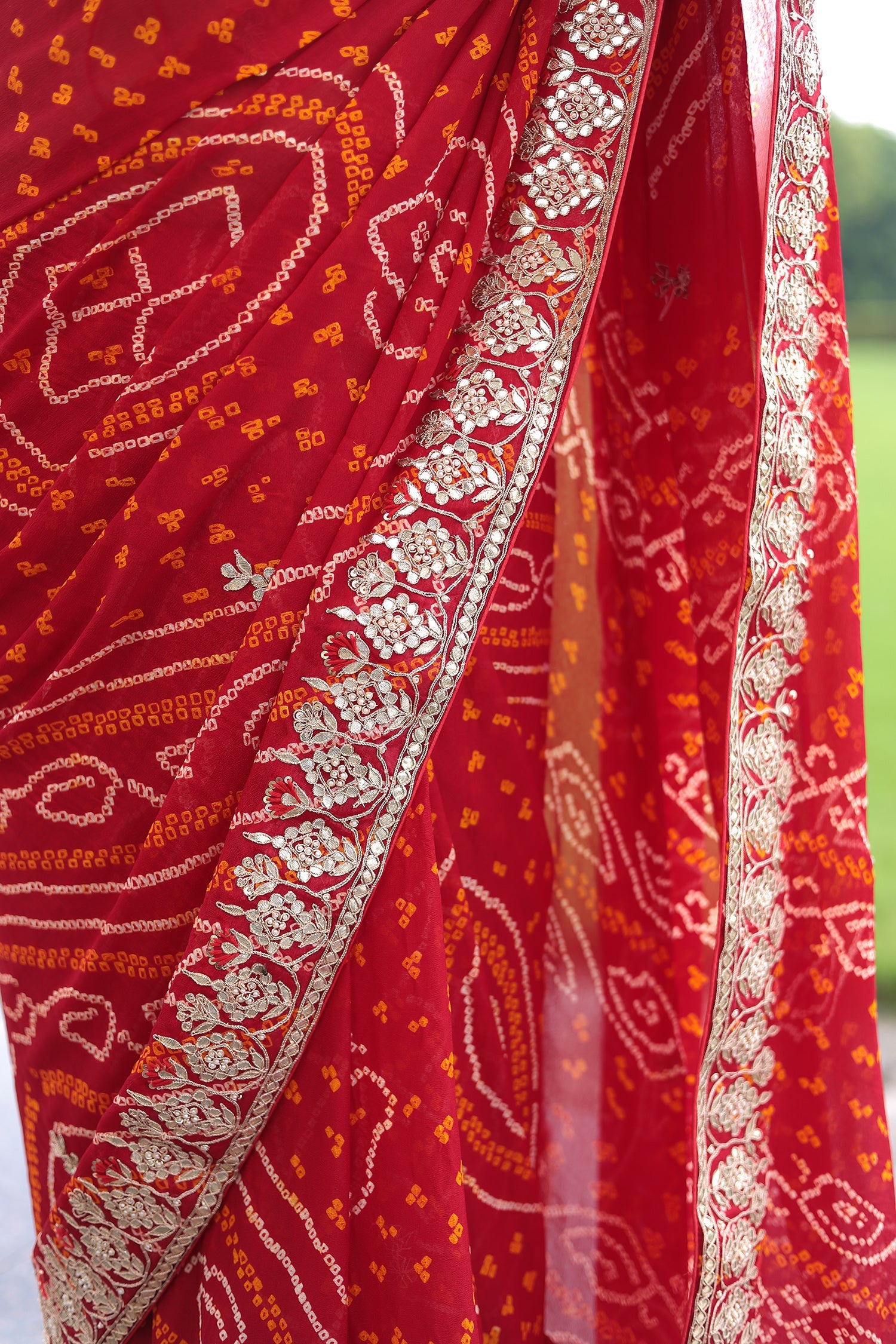 Bandhej Pure Georgette Saree with Dori and Gota Patti work