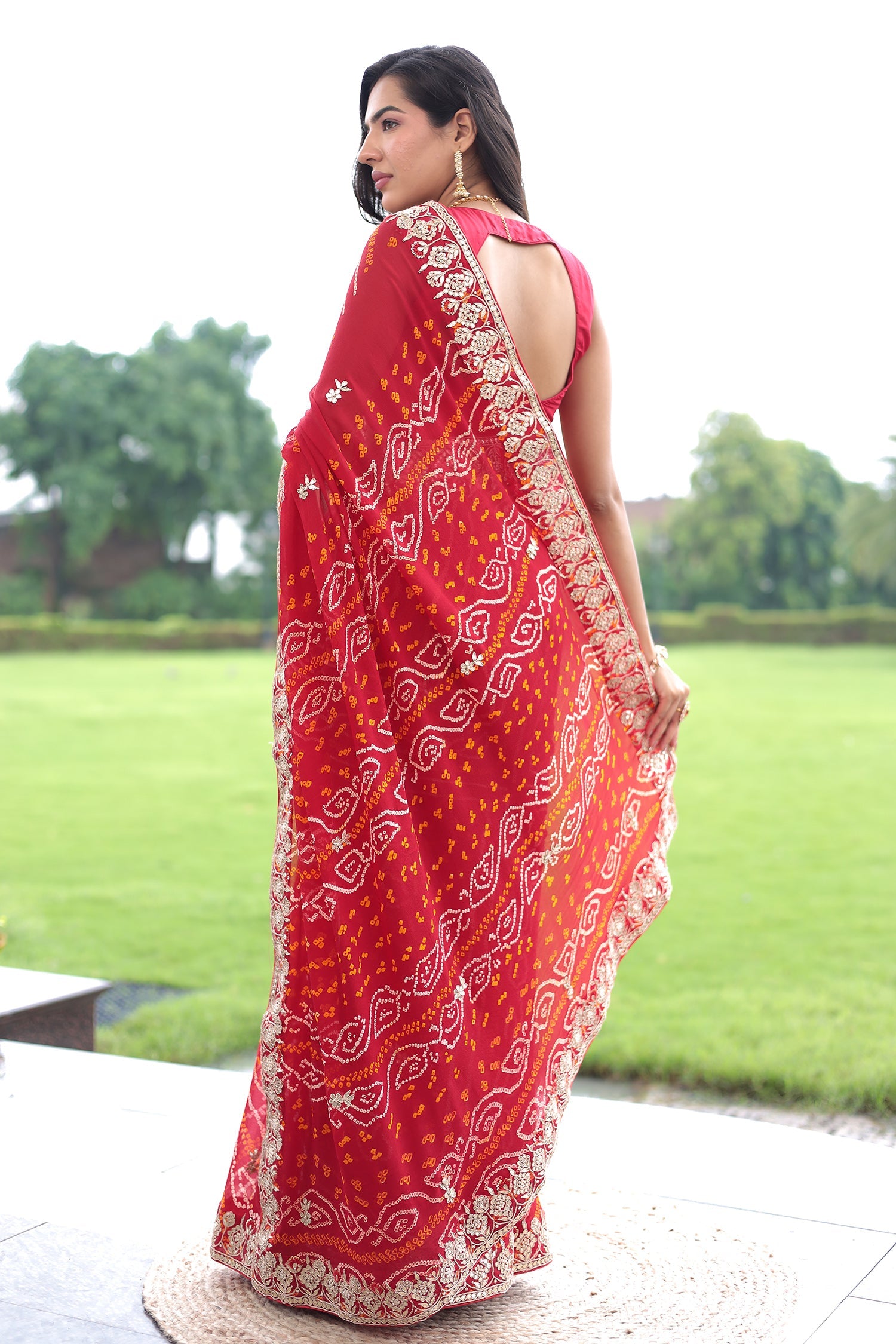Bandhej Pure Georgette Saree with Dori and Gota Patti work