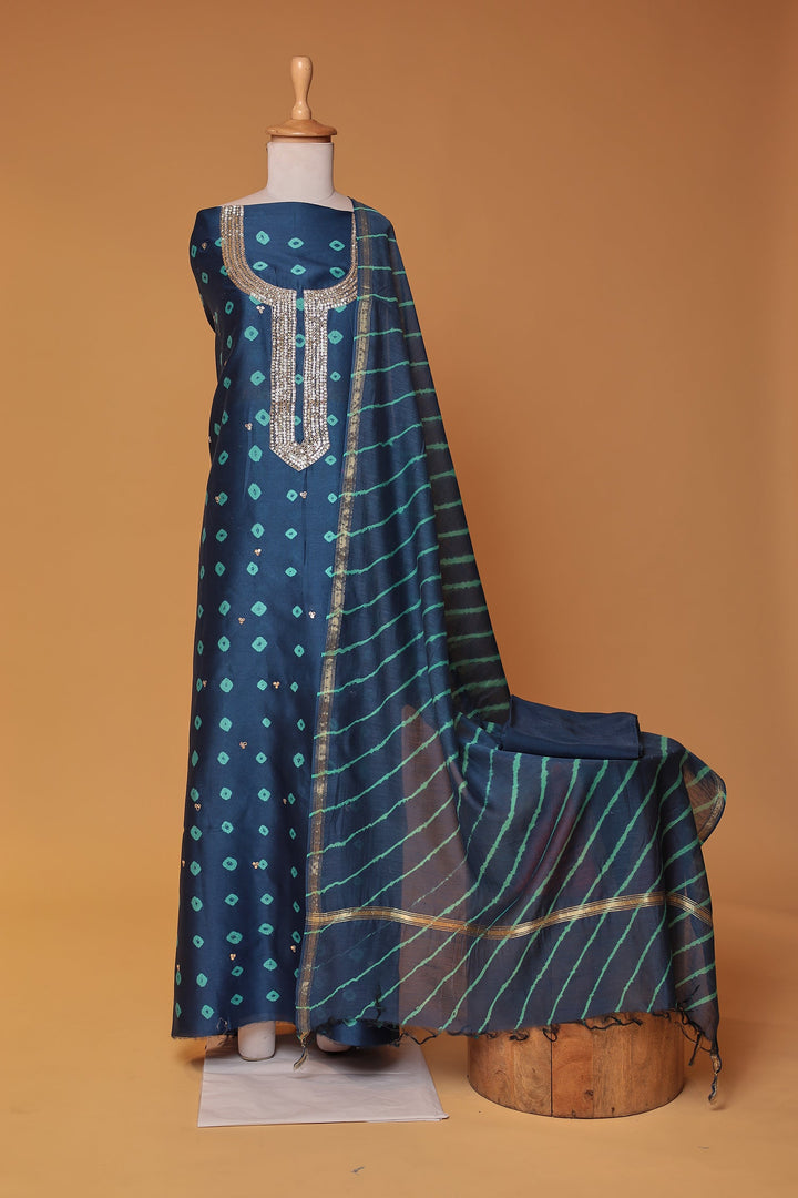 Bandhej Chanderi Aari work Unstitched Suit with Leheriya Dupatta
