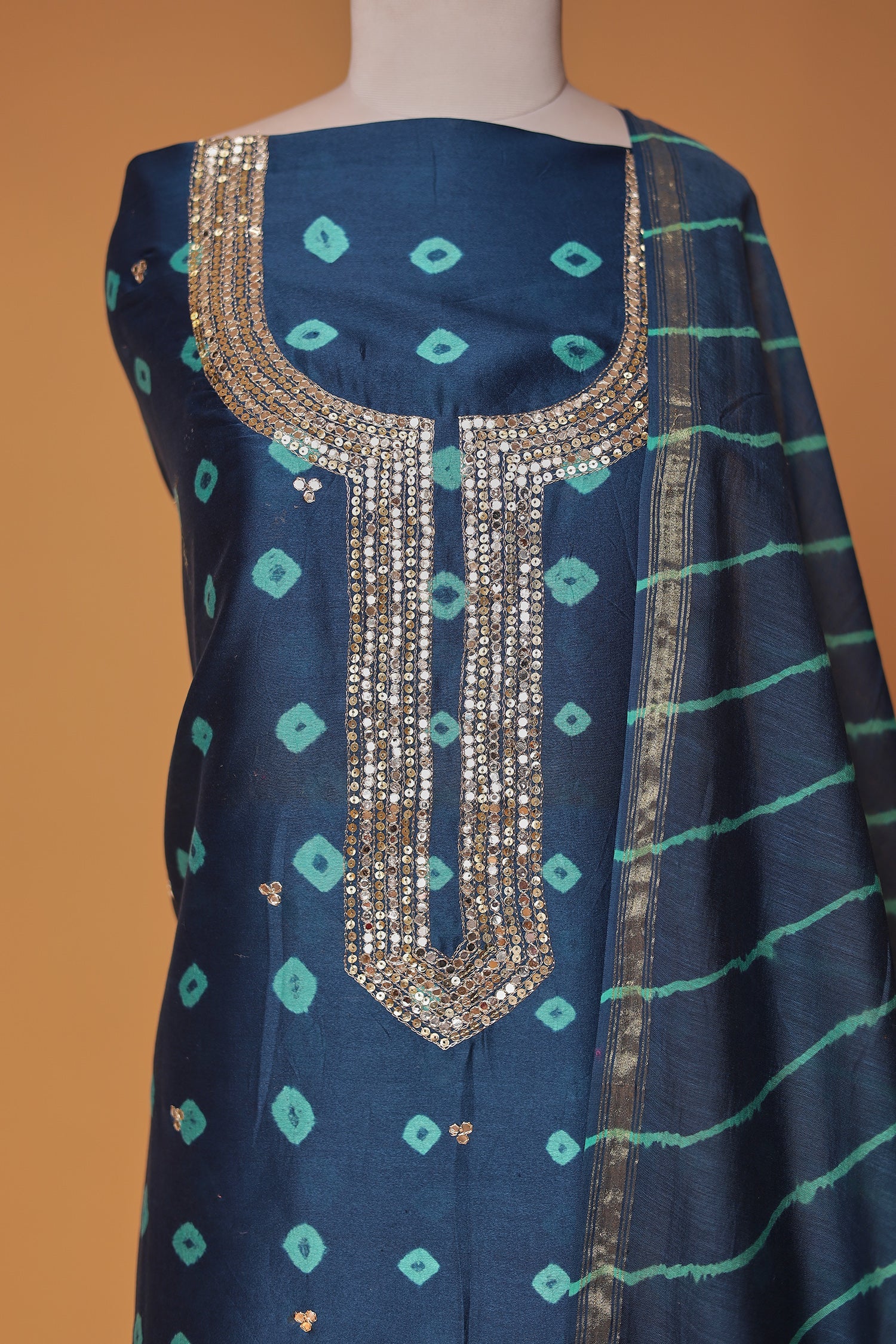 Bandhej Chanderi Aari work Unstitched Suit with Leheriya Dupatta