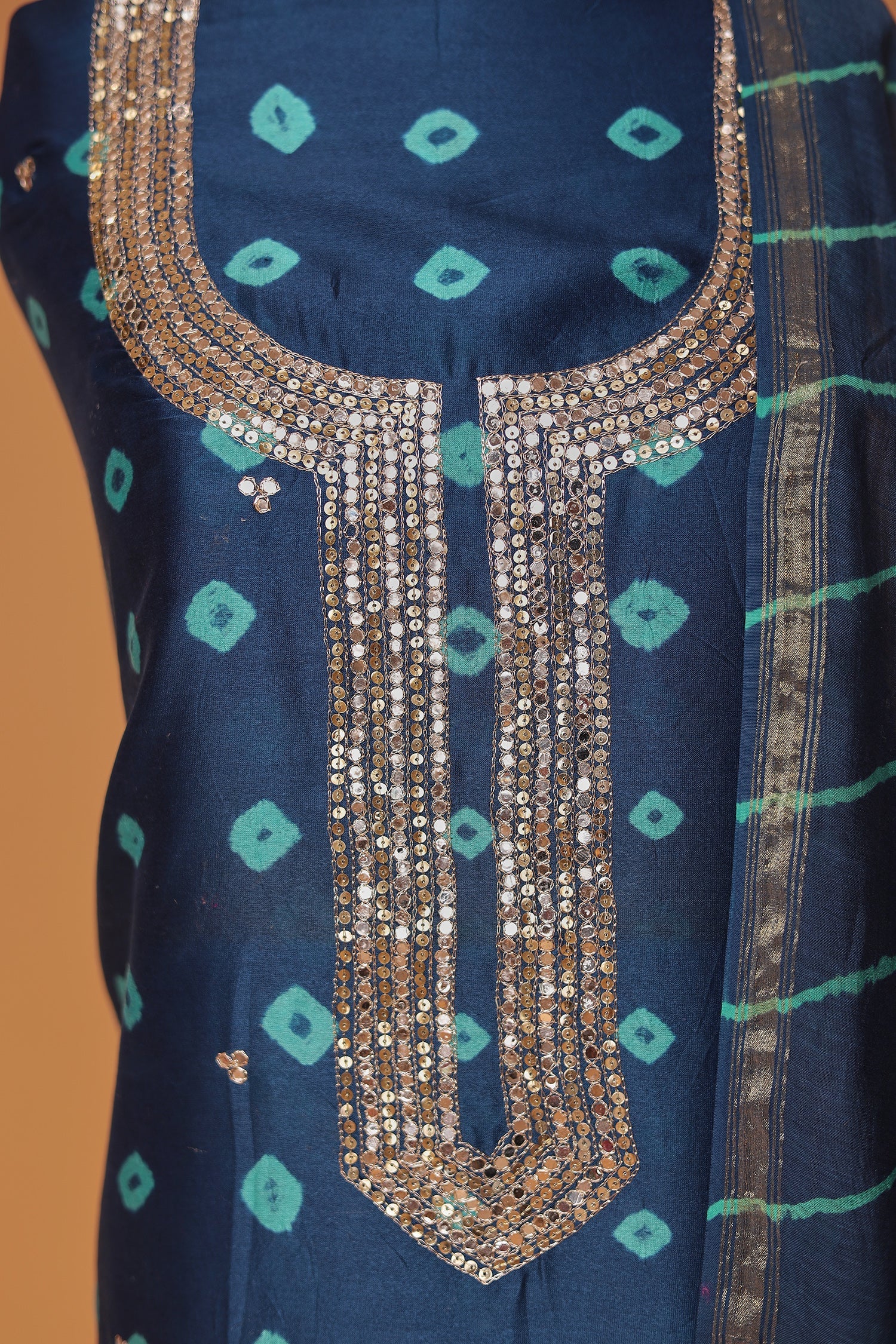 Bandhej Chanderi Aari work Unstitched Suit with Leheriya Dupatta