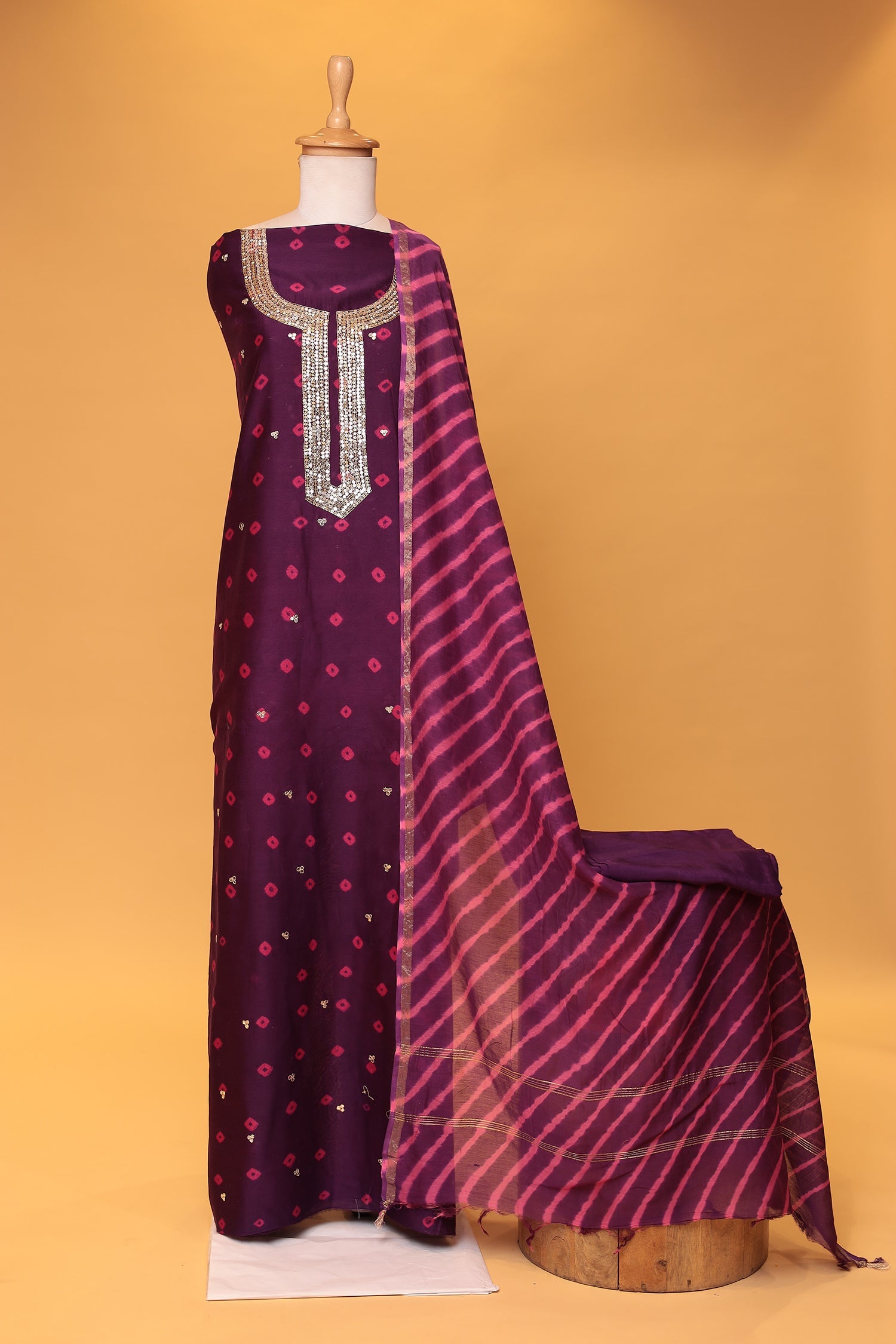 Bandhej Chanderi Aari work Unstitched Suit with Leheriya Dupatta