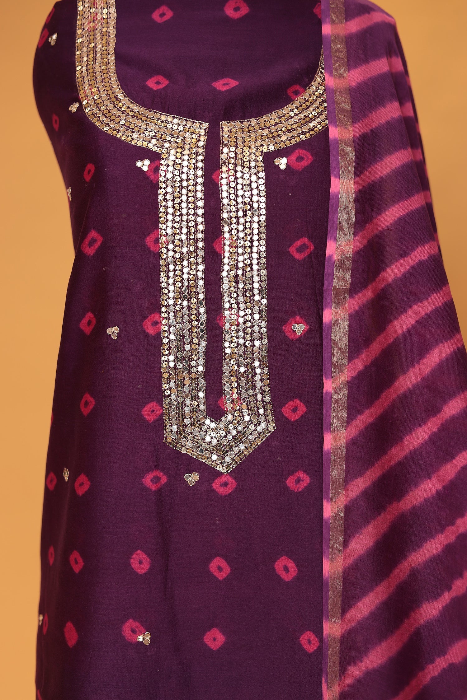 Bandhej Chanderi Aari work Unstitched Suit with Leheriya Dupatta