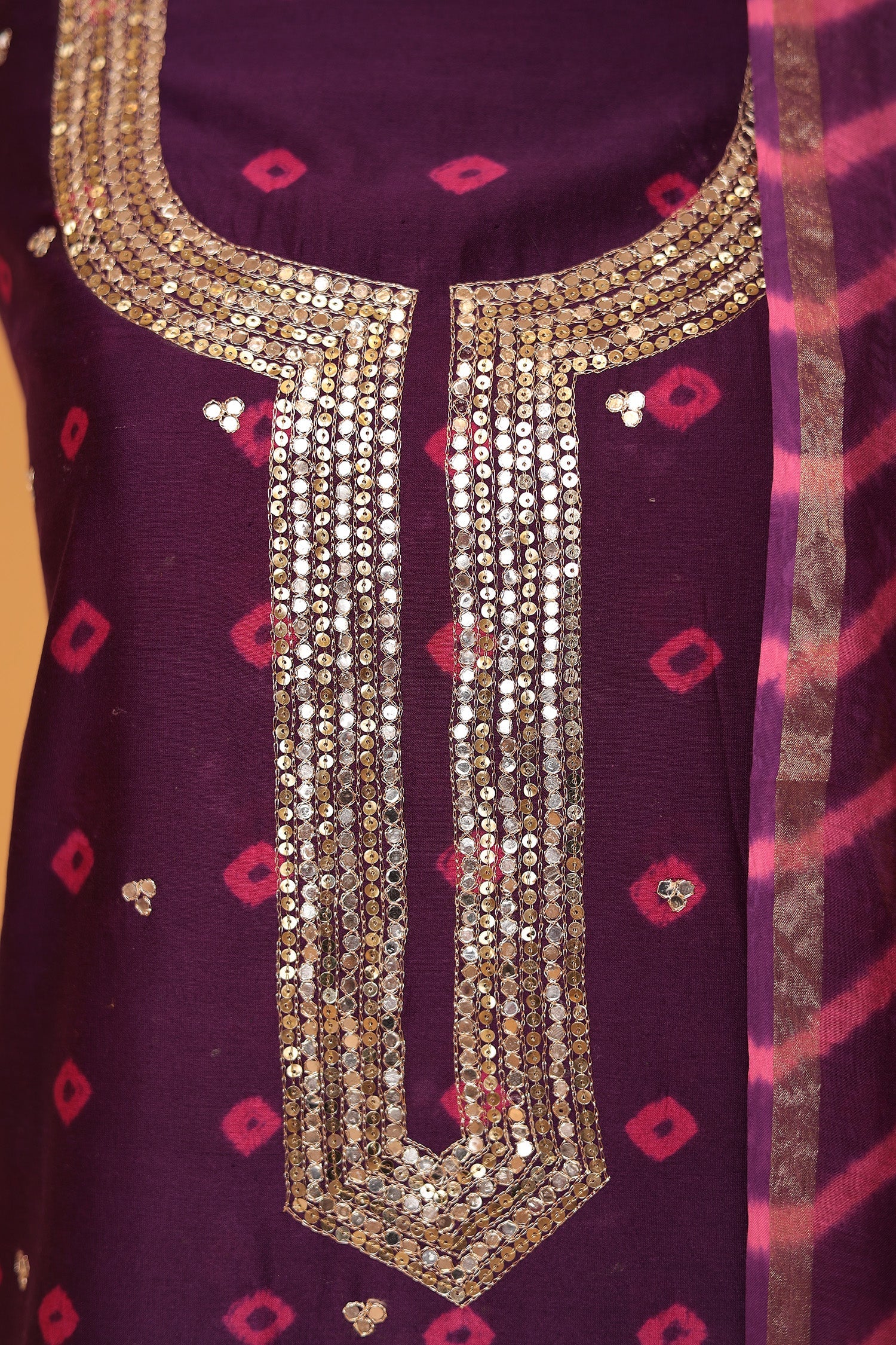 Bandhej Chanderi Aari work Unstitched Suit with Leheriya Dupatta