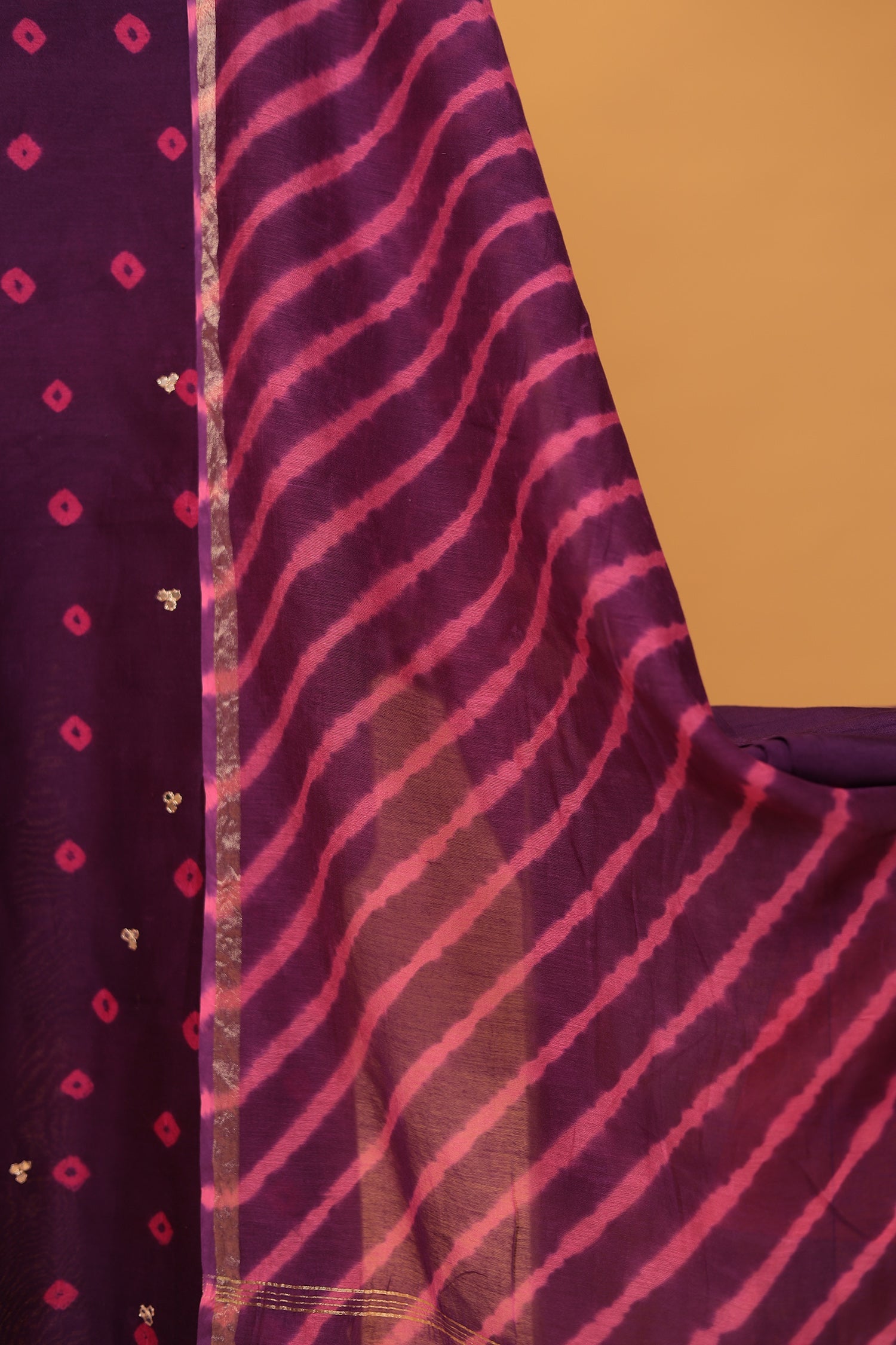 Bandhej Chanderi Aari work Unstitched Suit with Leheriya Dupatta