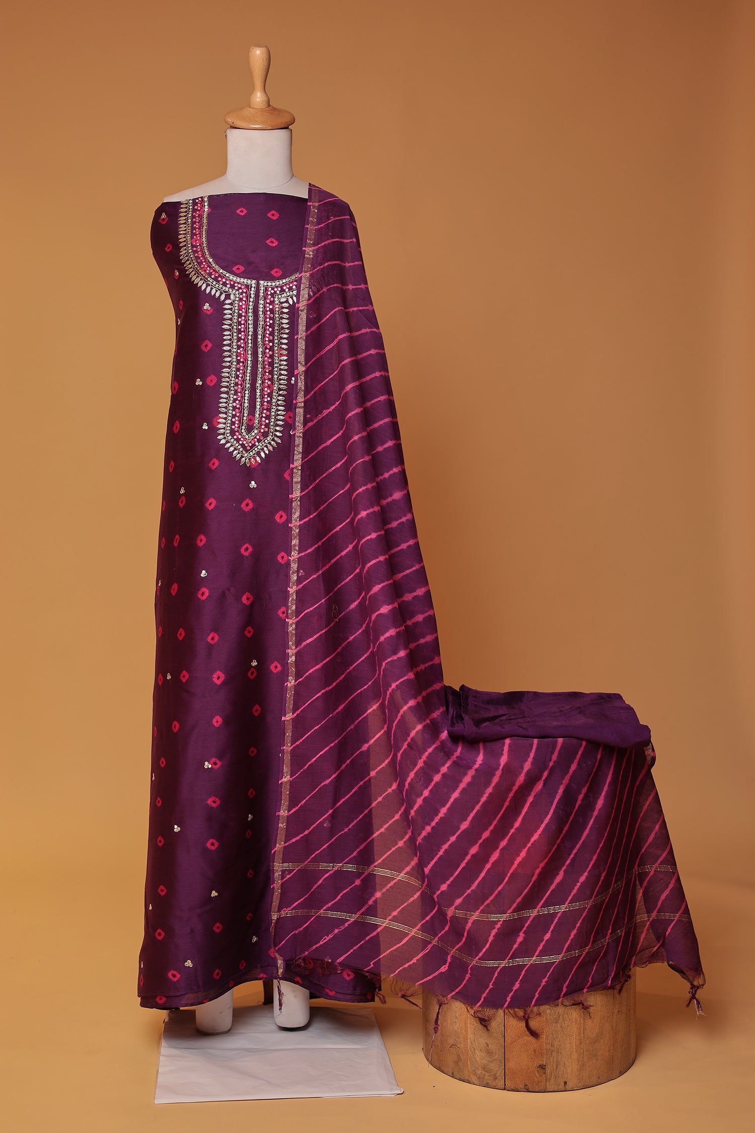 Bandhej Chanderi Aari work Unstitched Suit with Leheriya Dupatta