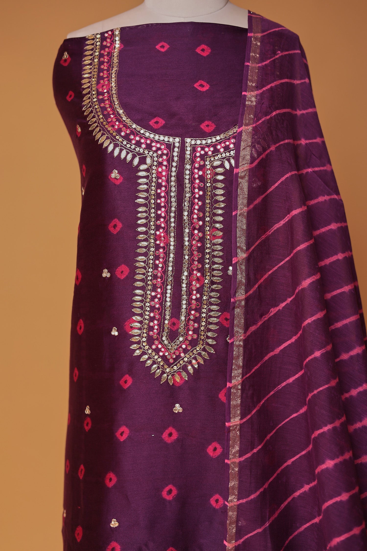 Bandhej Chanderi Aari work Unstitched Suit with Leheriya Dupatta