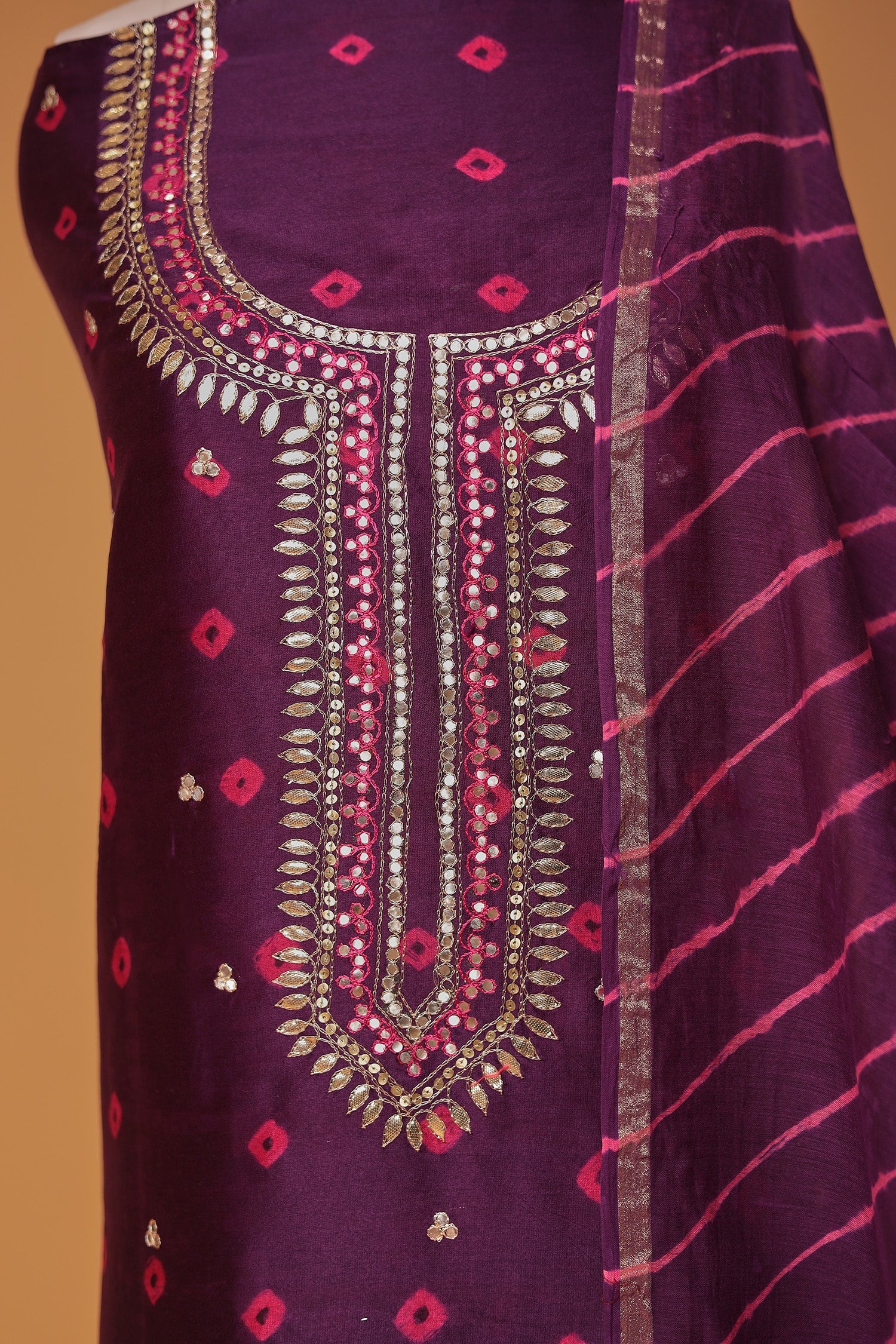 Bandhej Chanderi Aari work Unstitched Suit with Leheriya Dupatta